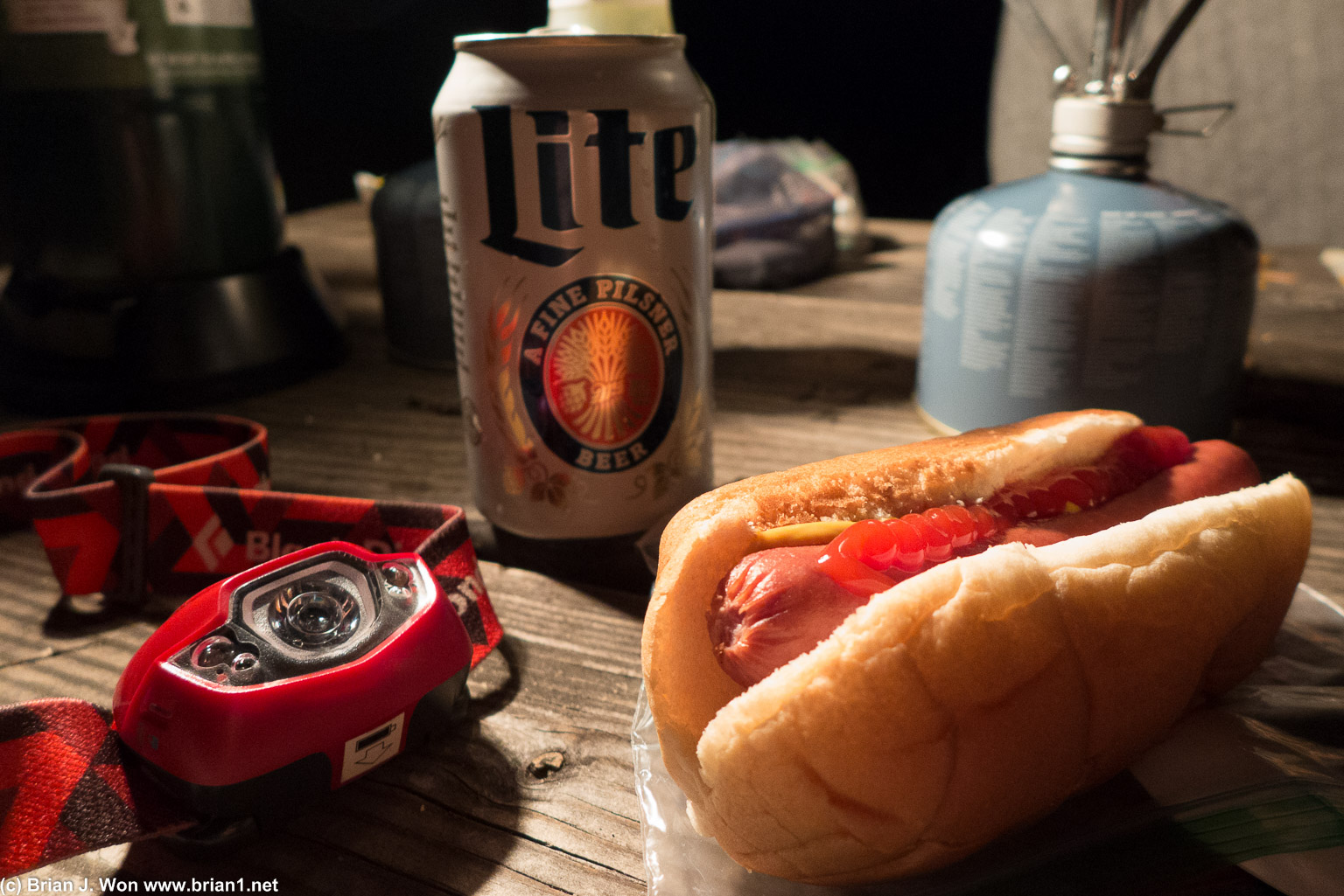 Hot dog and Miller Lite, it's what's for dinner.