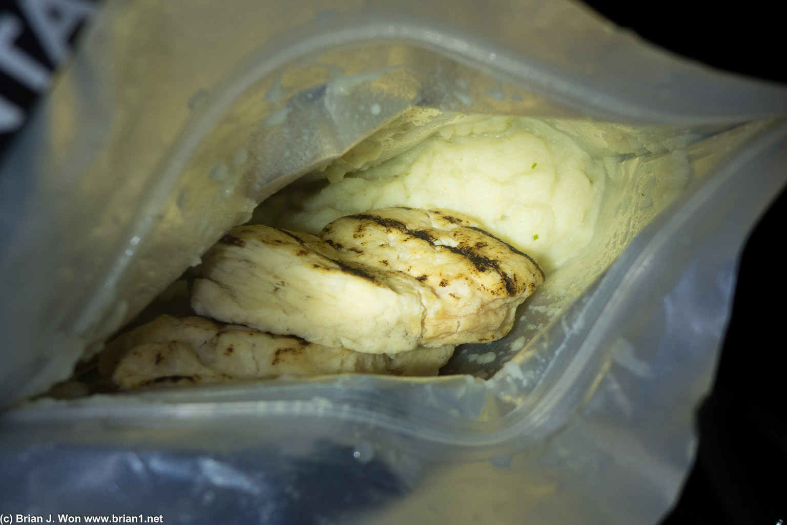 Rehydrated freeze-dried chicken and mashed potatoes.