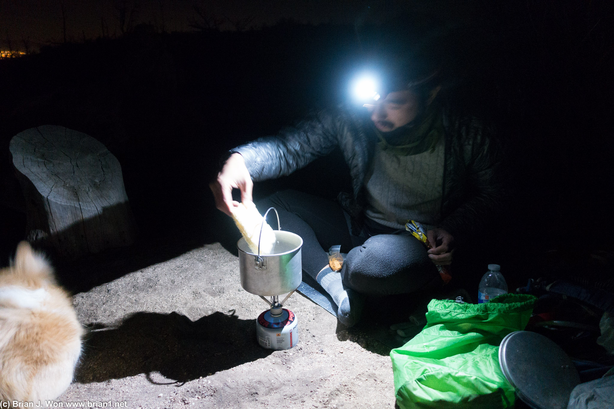 Making ramen by headlamp at the water cache/campsite at Mile 548.
