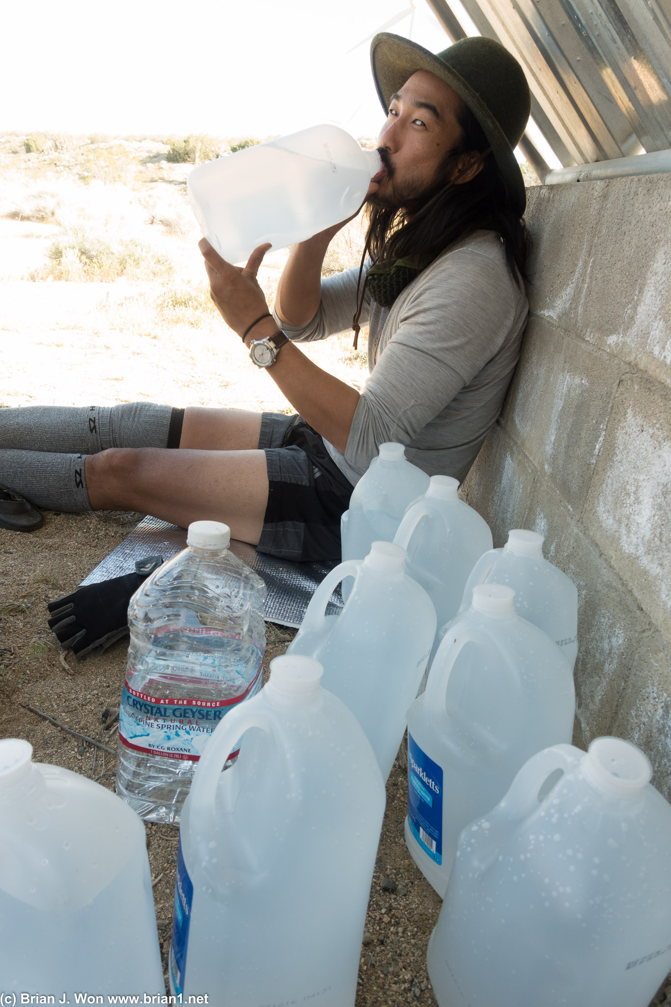 Living like kings of the desert with 10 gallons of water and a nice lean-to.