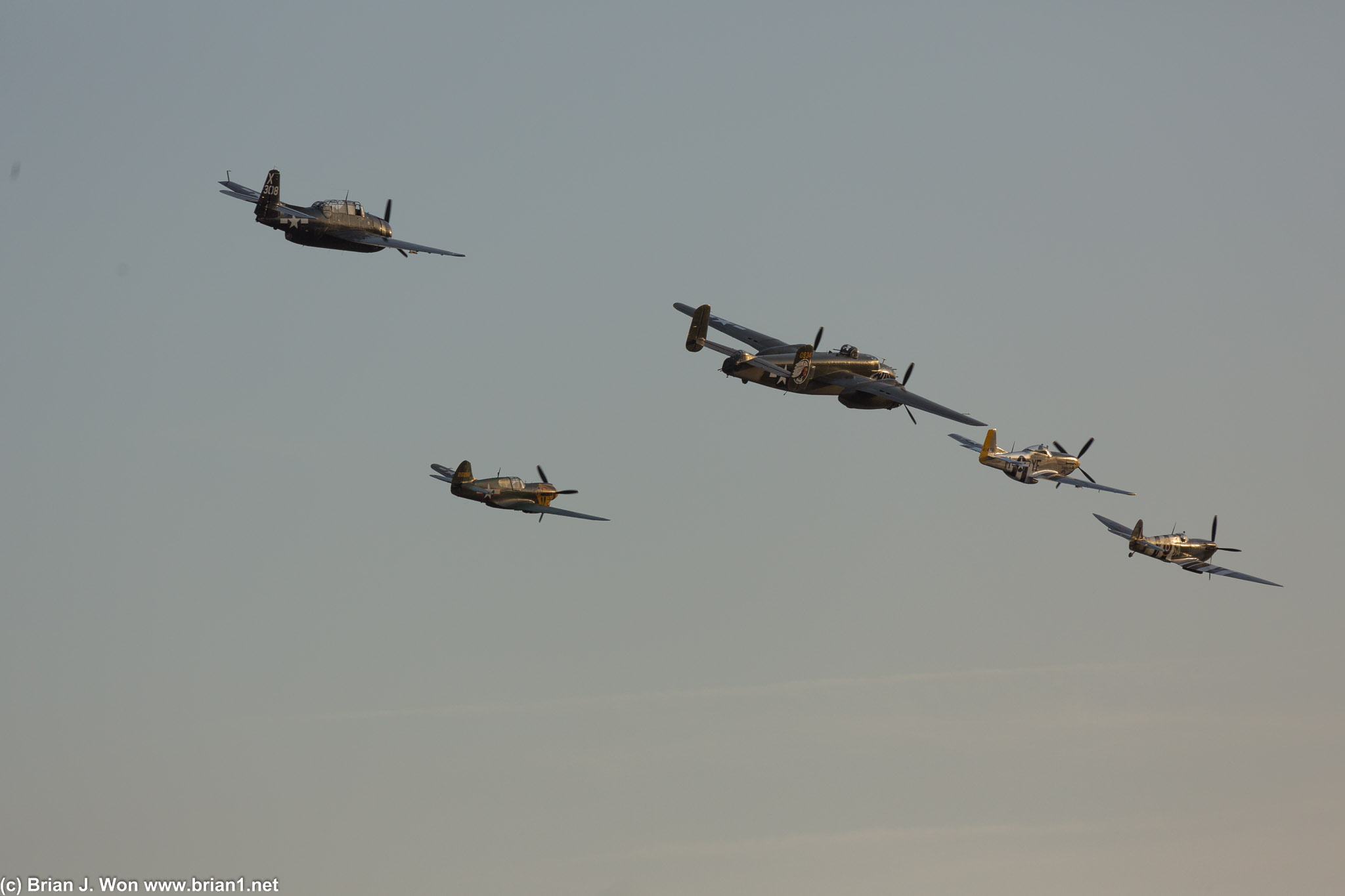 Aka, from left, TBM-3E Avenger, Texas Warhawk, Betty's Dream, Dakota Kid II, Supermarine Spitfire Mk IX.