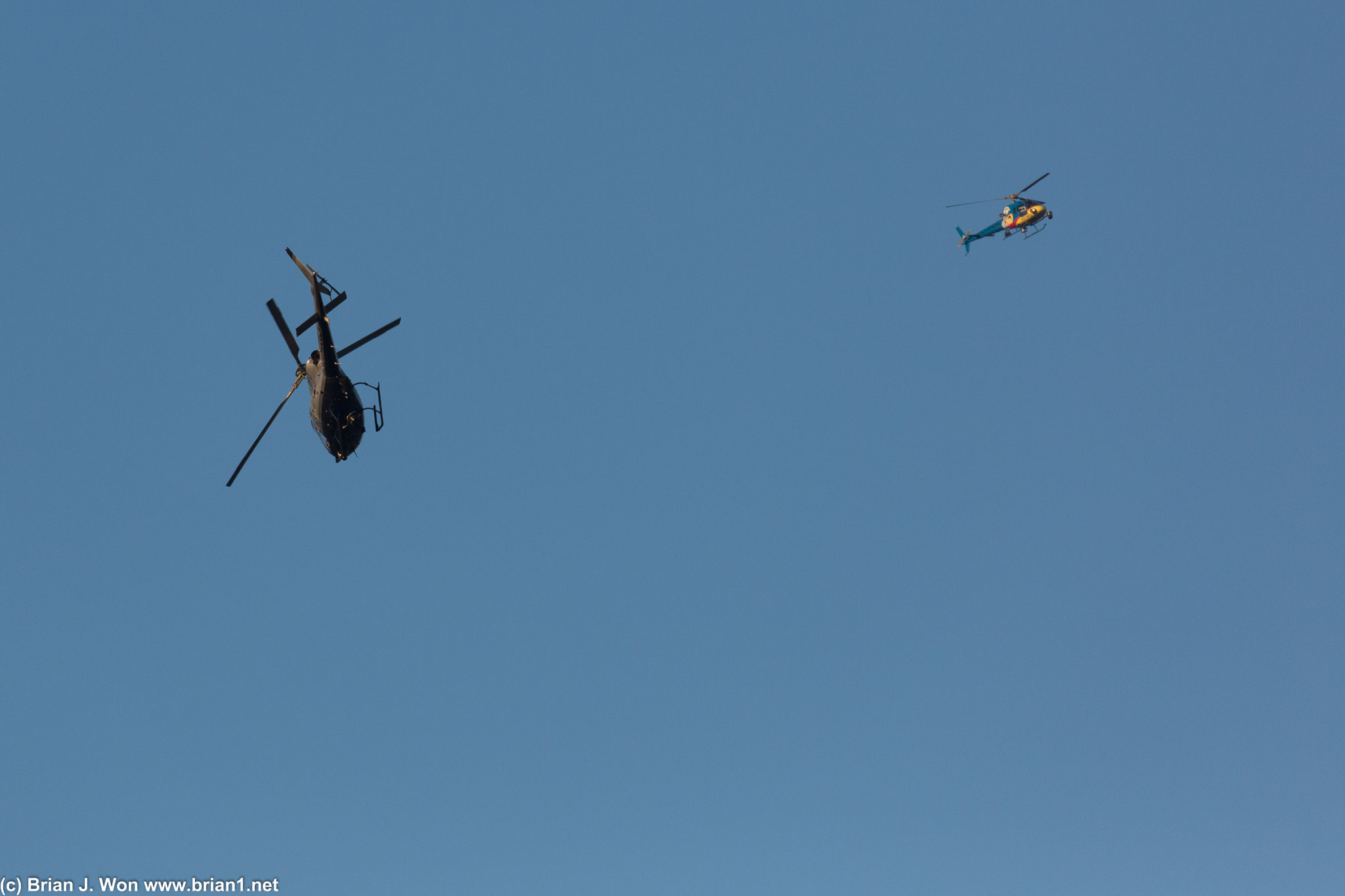 2 of the 4 (!) helicopters overhead covering a freeway chase-- two LAPD, two from ABC7.