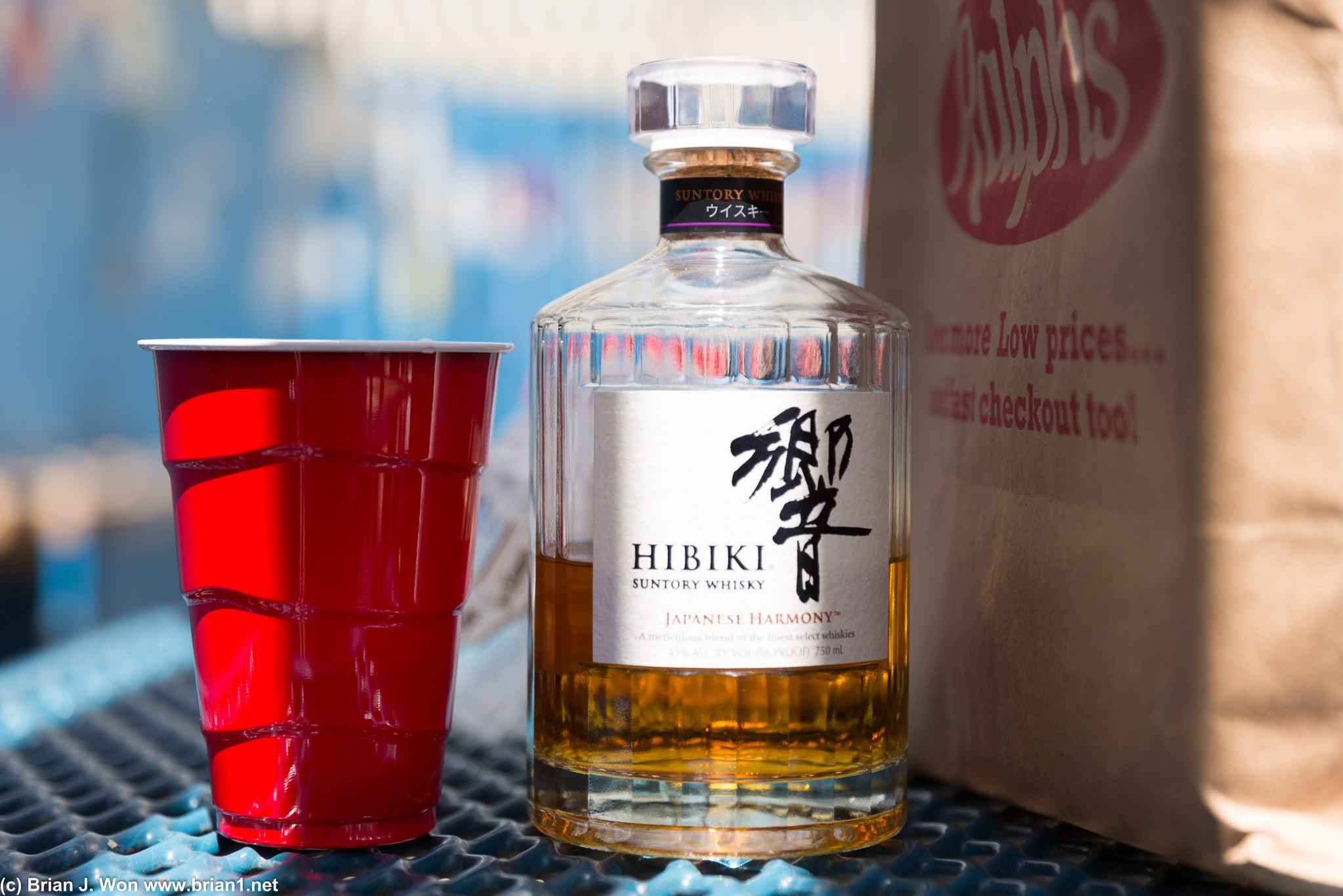 Hibiki Japanese Harmony. In a classy red Solo cup.