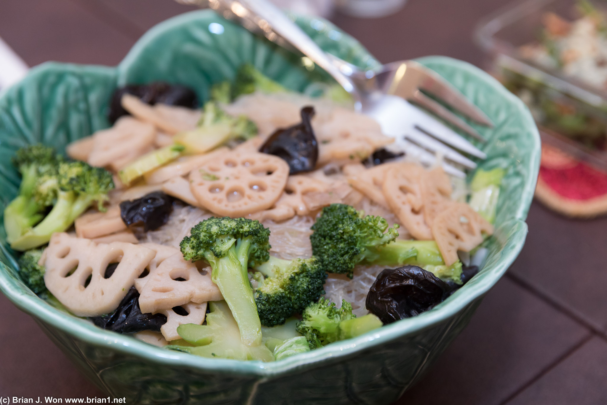 Glass noodles with broccoli, mushroom, and lotus root!