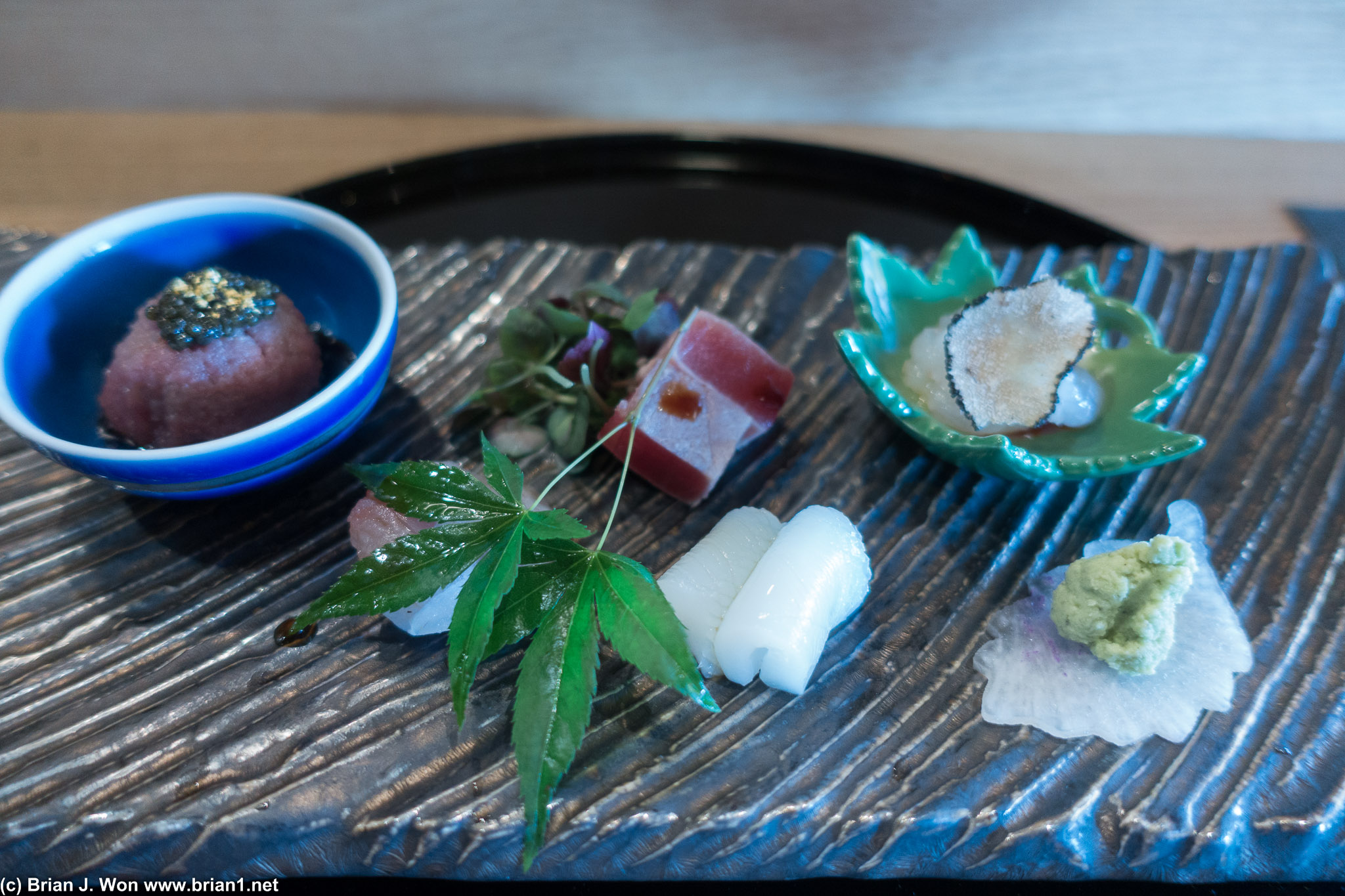 Toro tartare, white fish, big eye tuna (Portugal?), squid, baby shrimp. Baby shrimp!