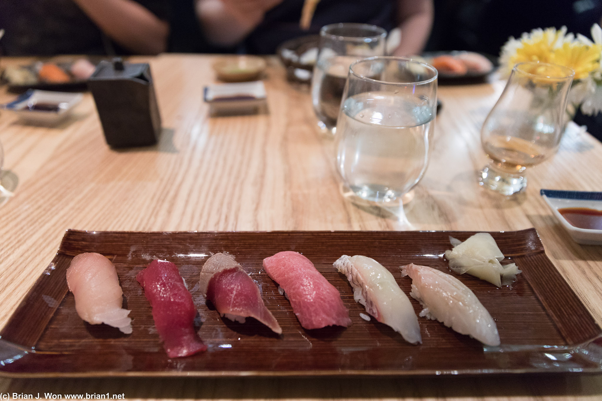 L to R: albacore, bluefin, marinated tuna azuki, toro, sea bream, striped bass.