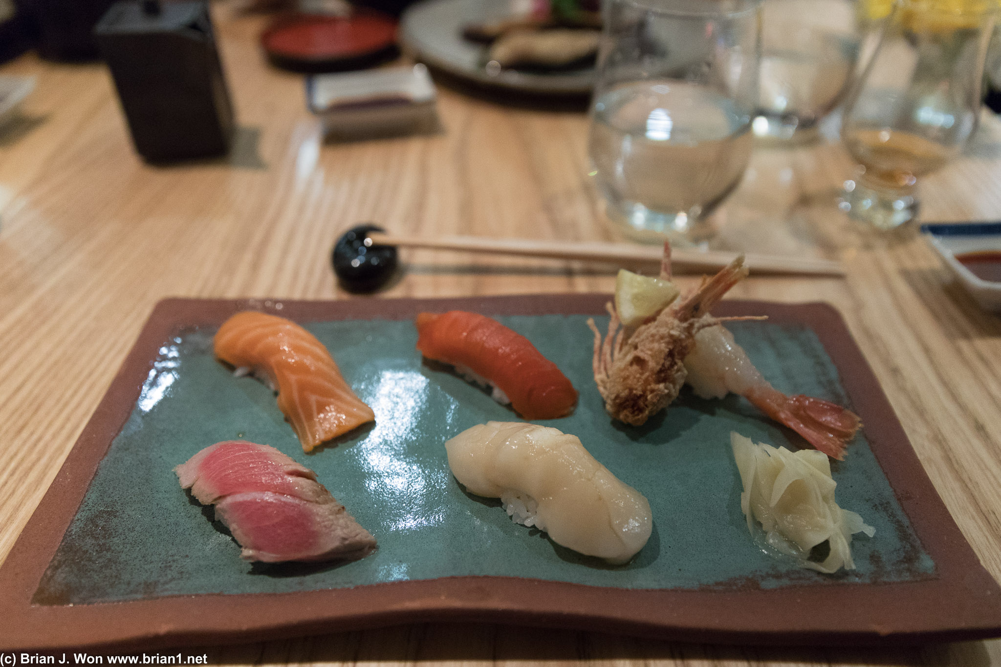 From top: king salmon, sockeye salmon, botan ebi, seared toro, Hokkaido scallop.