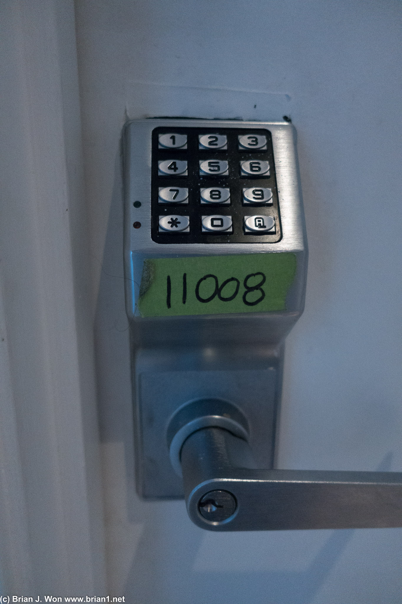 The bathroom door code is on the lock? Why?
