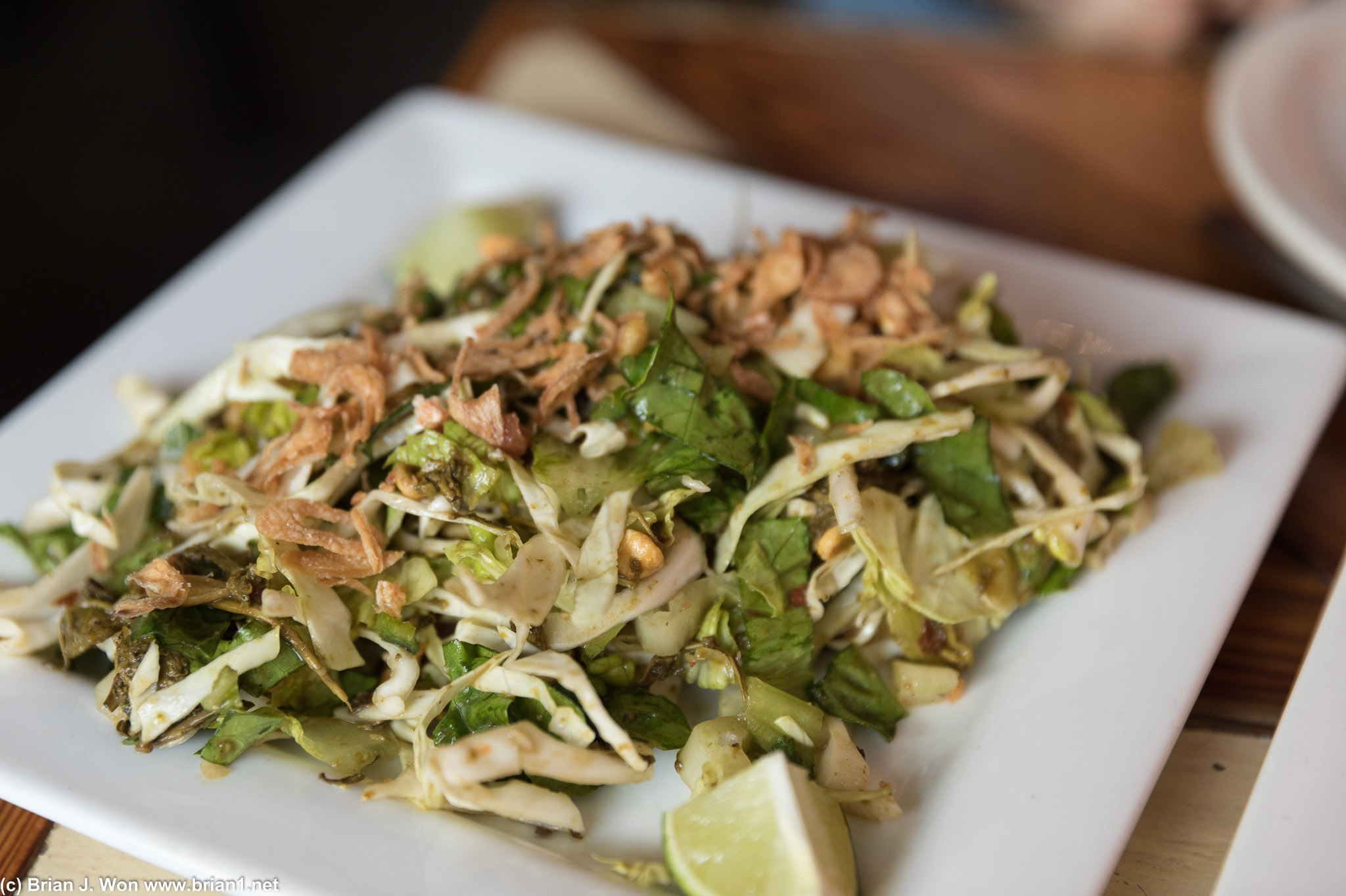 Burmese tea leaf salad. Not authentic (too much cabbage) but refreshing all the same.