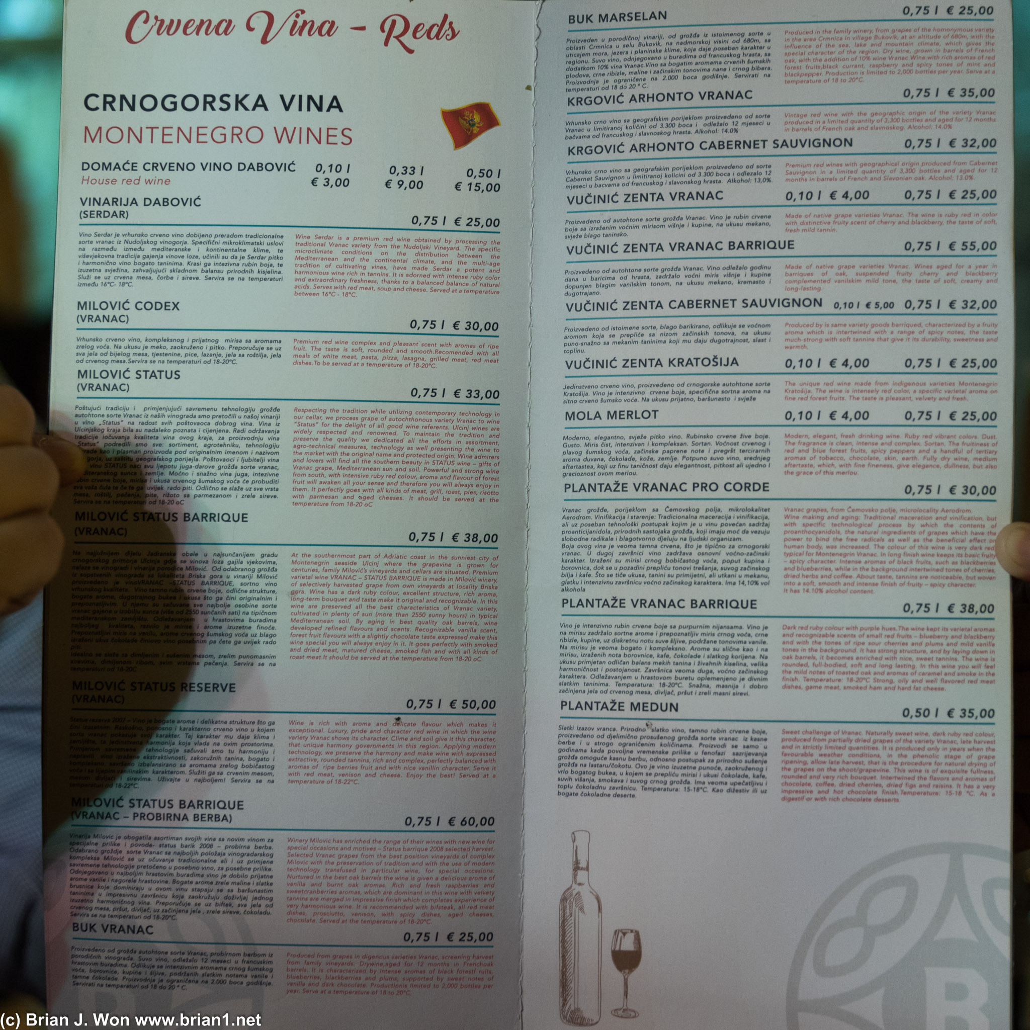 Wine list. Note that they don't use French descriptions here.