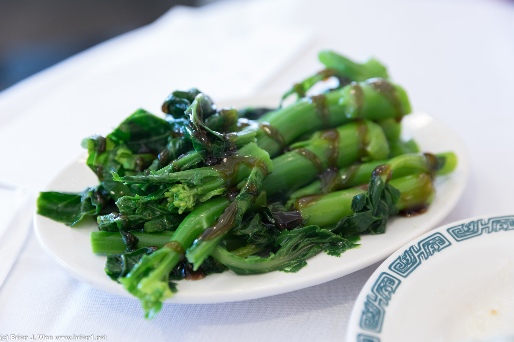 Gai lan. Looked overcooked, but was actually (barely) just about right.