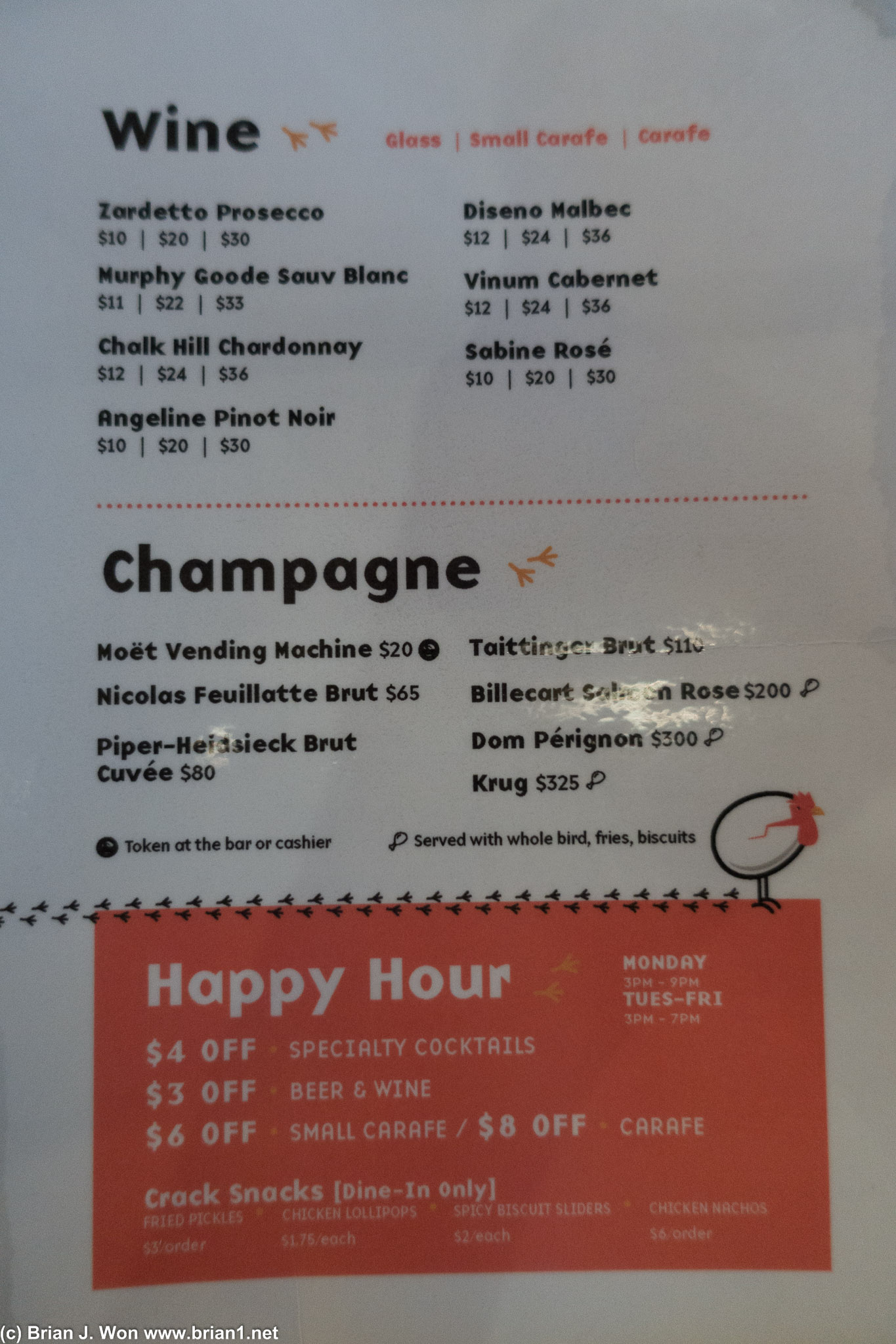 Wine and champagne + happy hour menu.