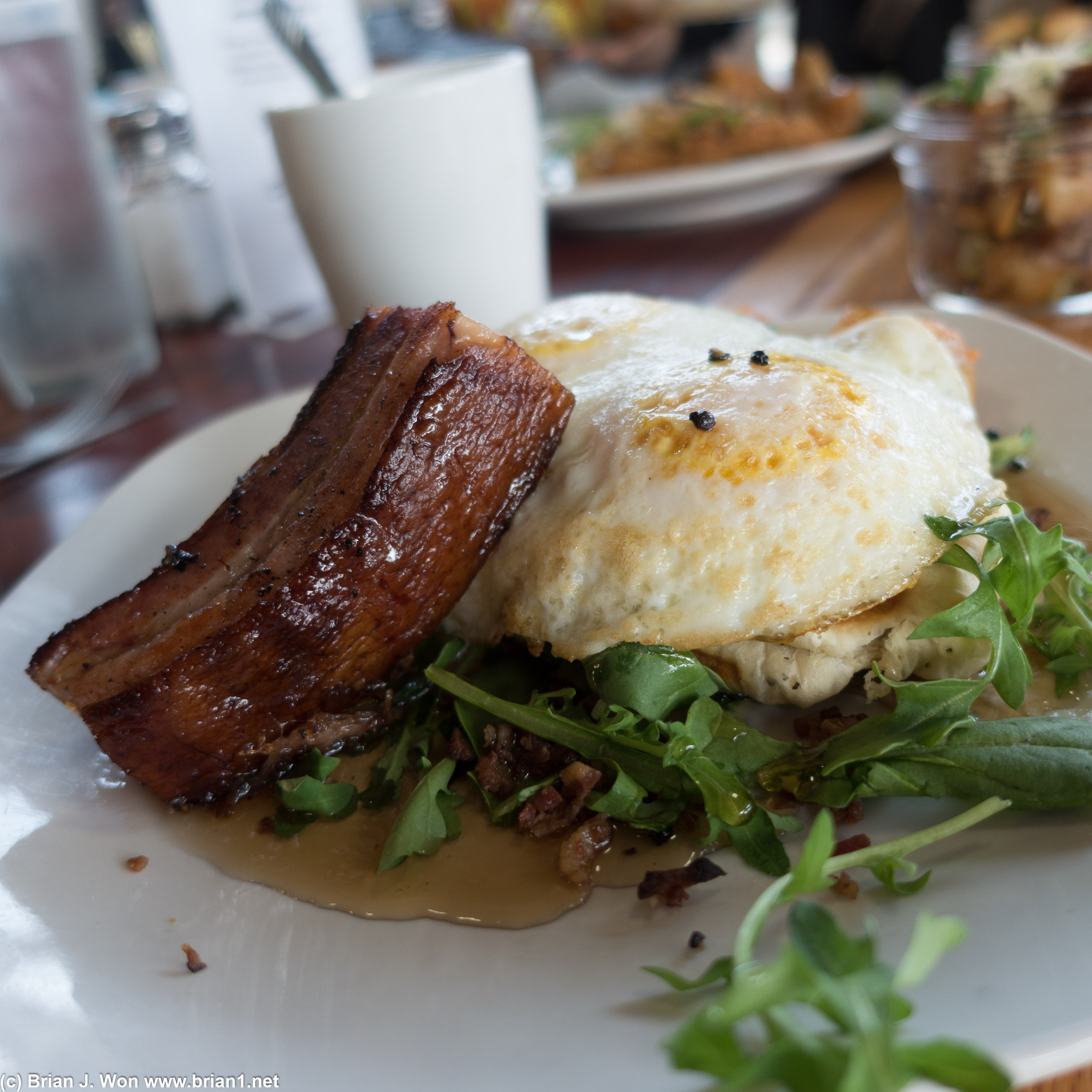 "Da Rudy" - pork belly, egg, arugula atop waffle.