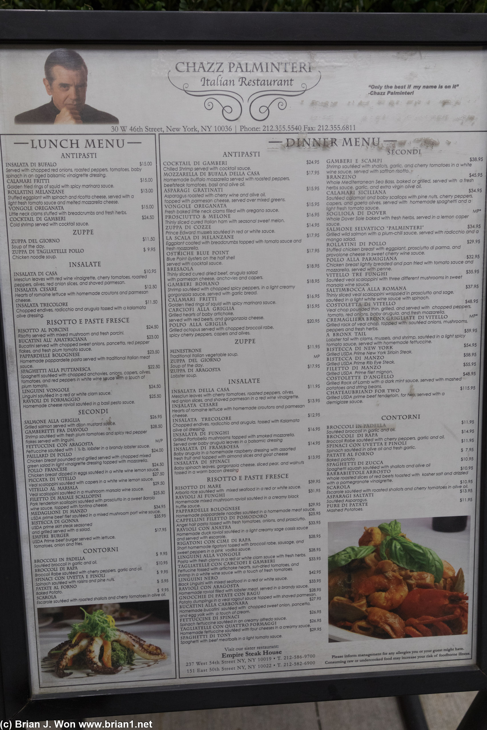 The menu at Chazz Palminteri.