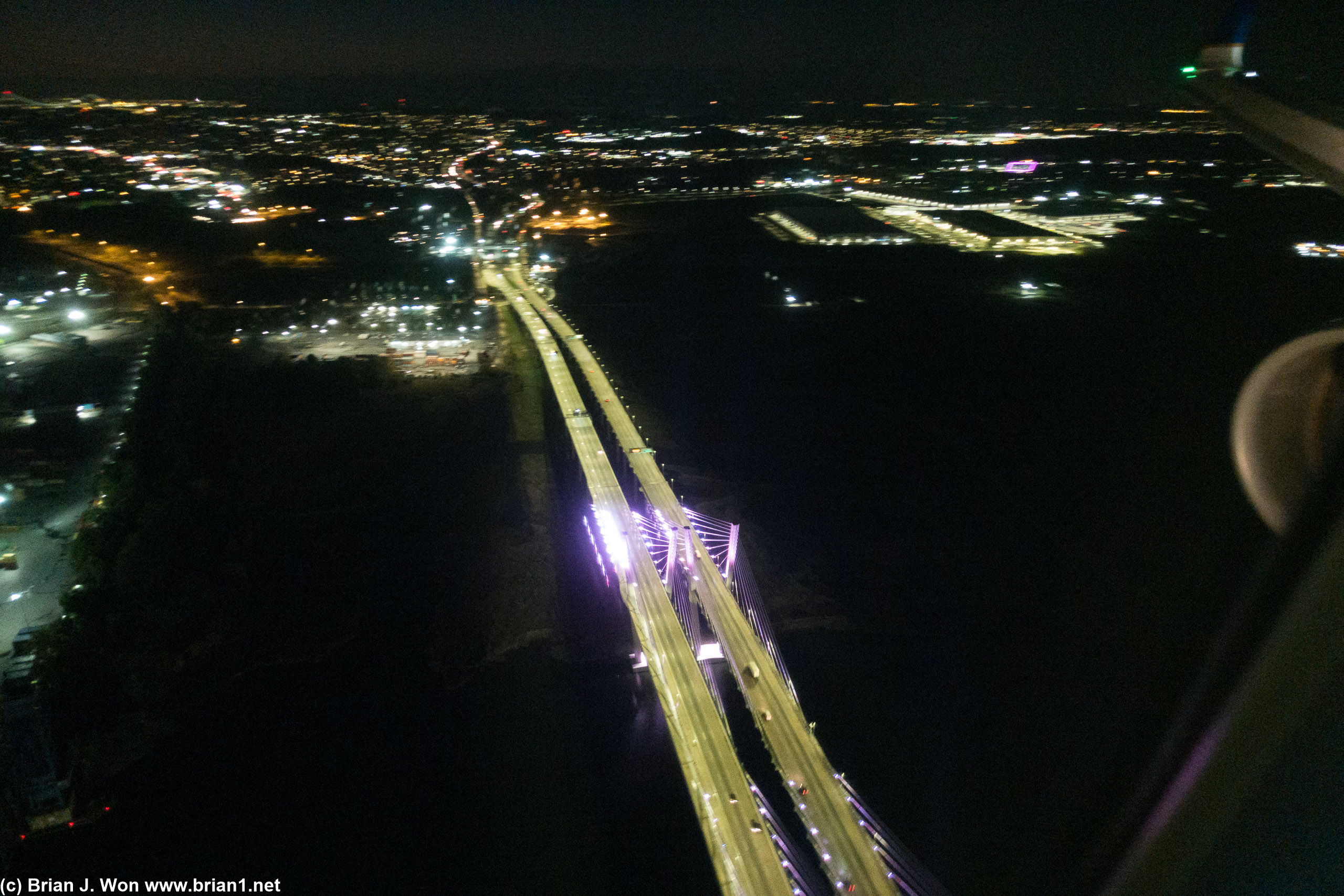 Flying low over the Goethals Bridge.