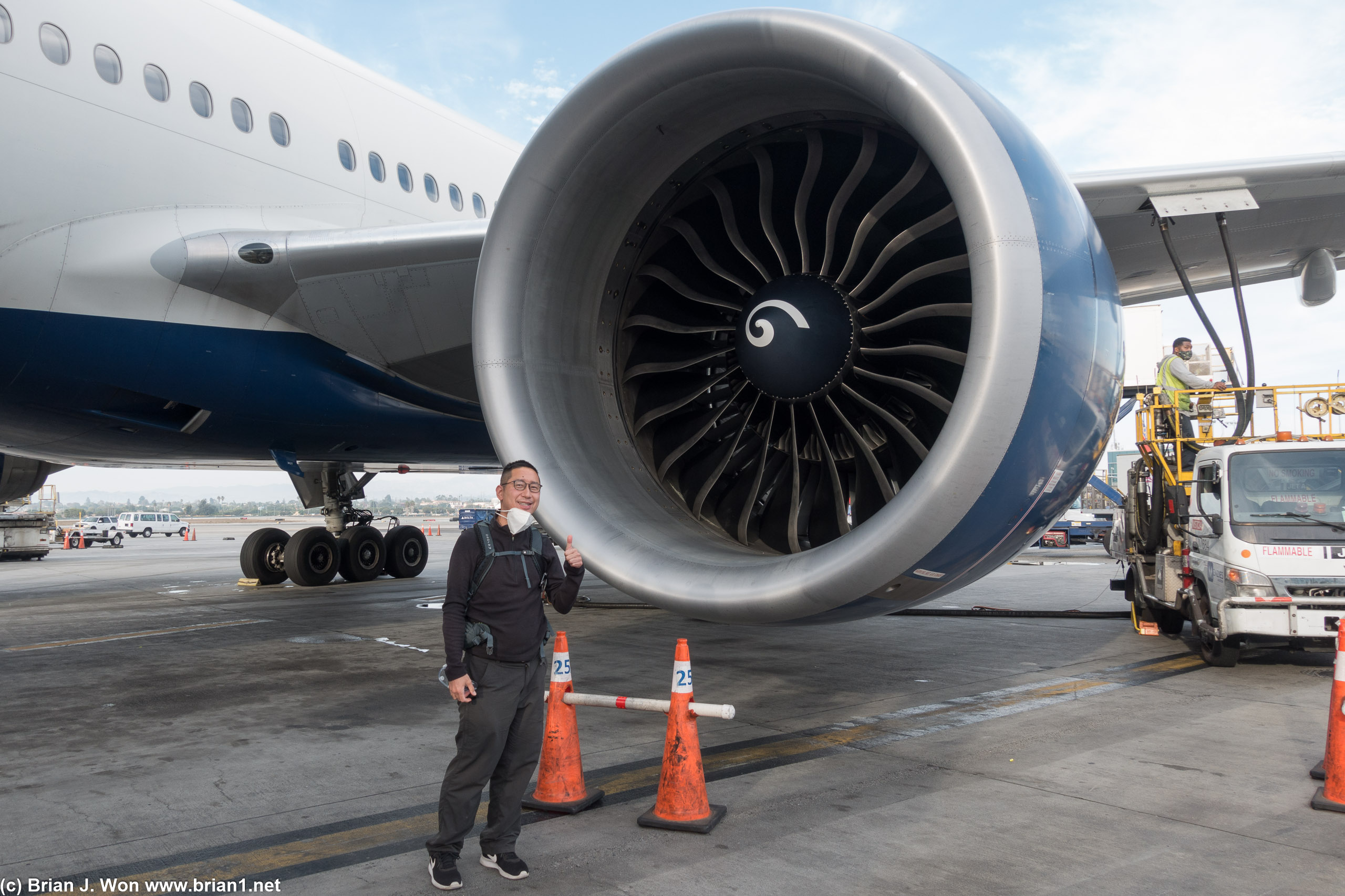Posing by the big GE90 engine.