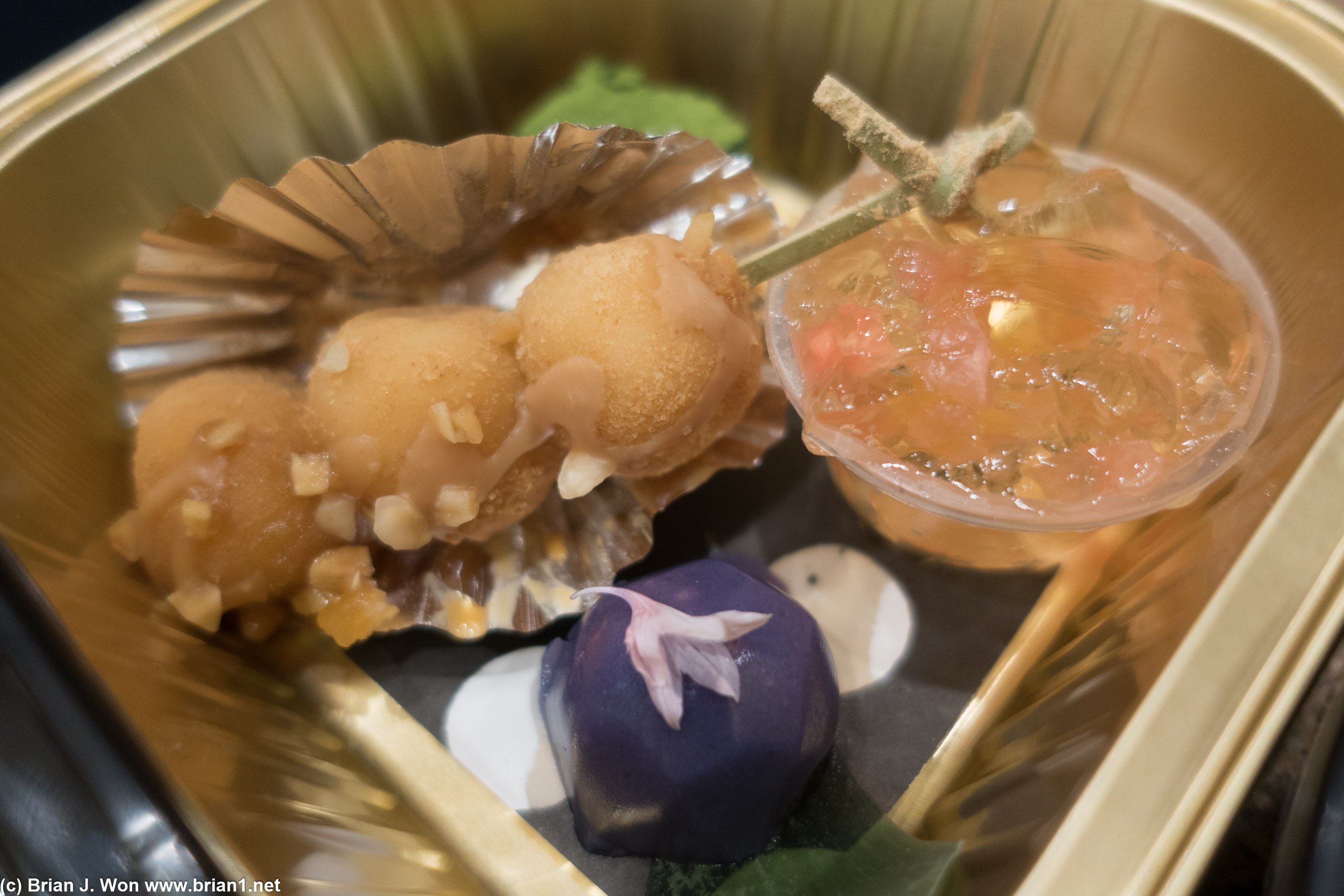 Kinako almond praline dango, murasaki imo yokan with walnuts, matcha nama dark chocolate, citrus and muscat grape jelly.