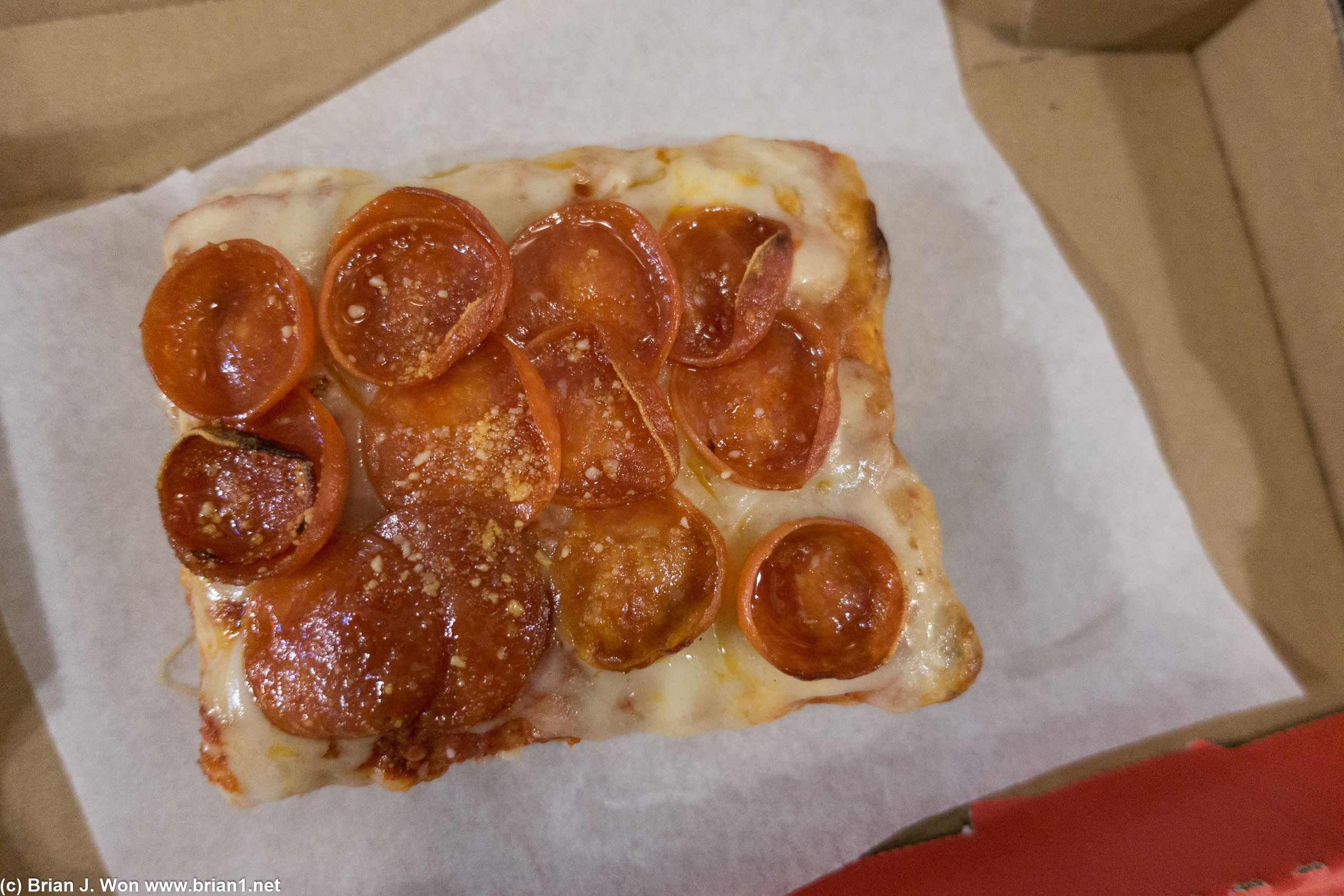 Not quite cheesy enough, and pepperoni slices, while ample in number, were way too thin.