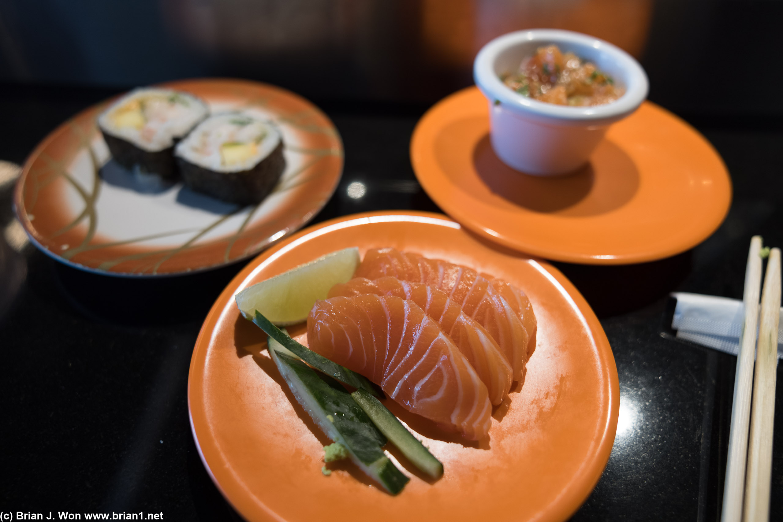 Salmon sashimi was pretty good, the rest was okay at best, kinda gross at worst.