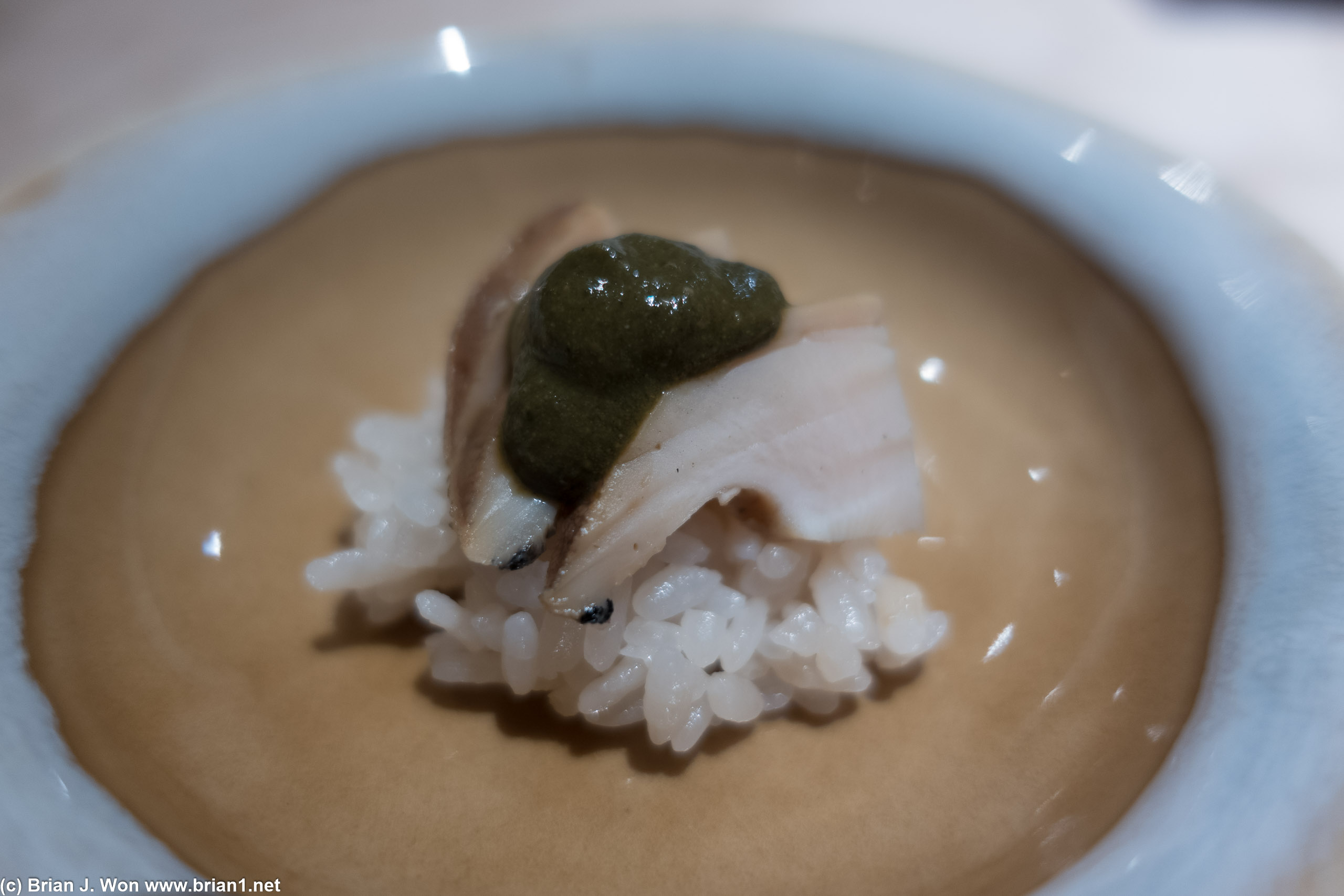 Baby abalone, with abalone liver sauce.
