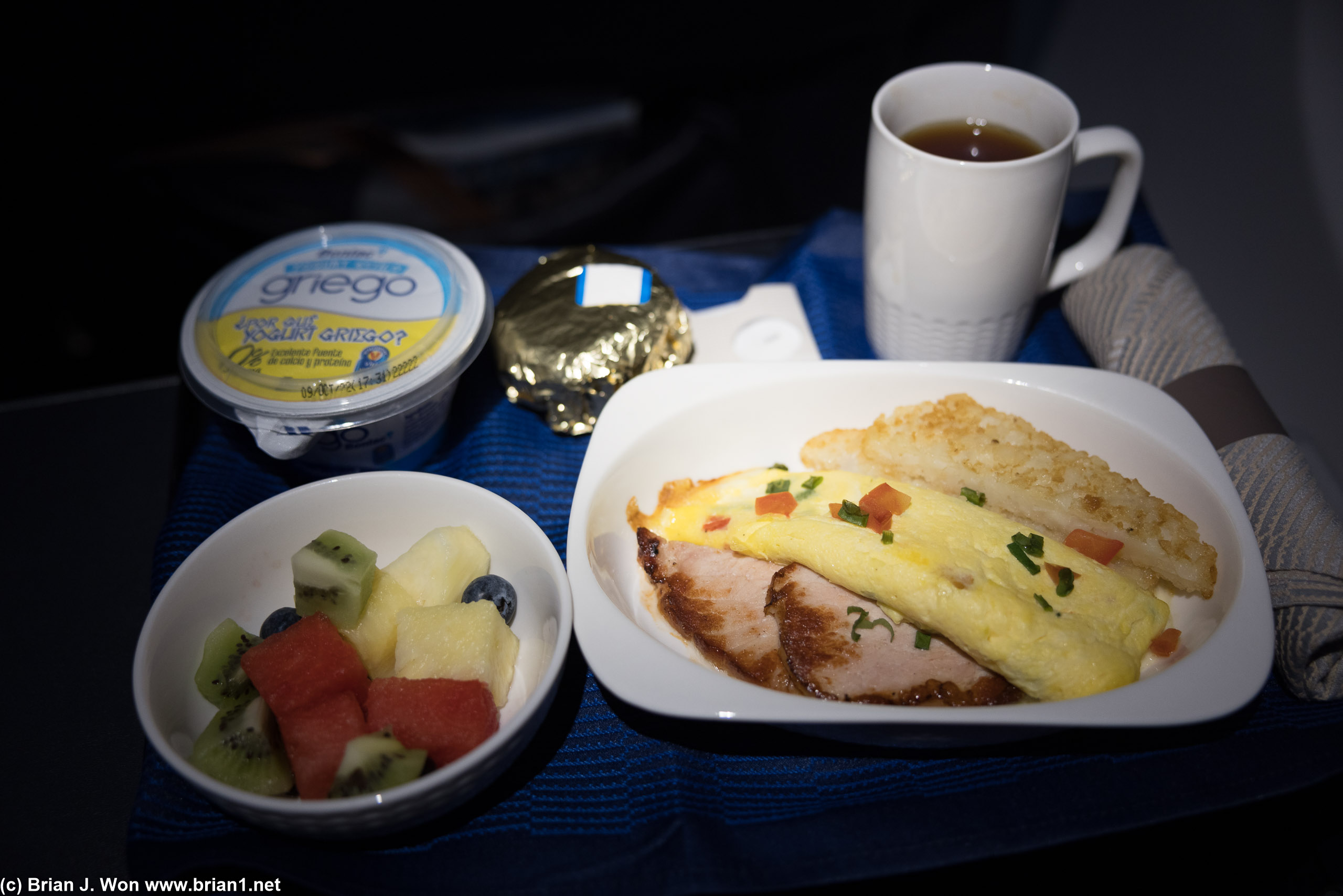 Ham and eggs for the 3.5 hour flight from Panama City to Houston.