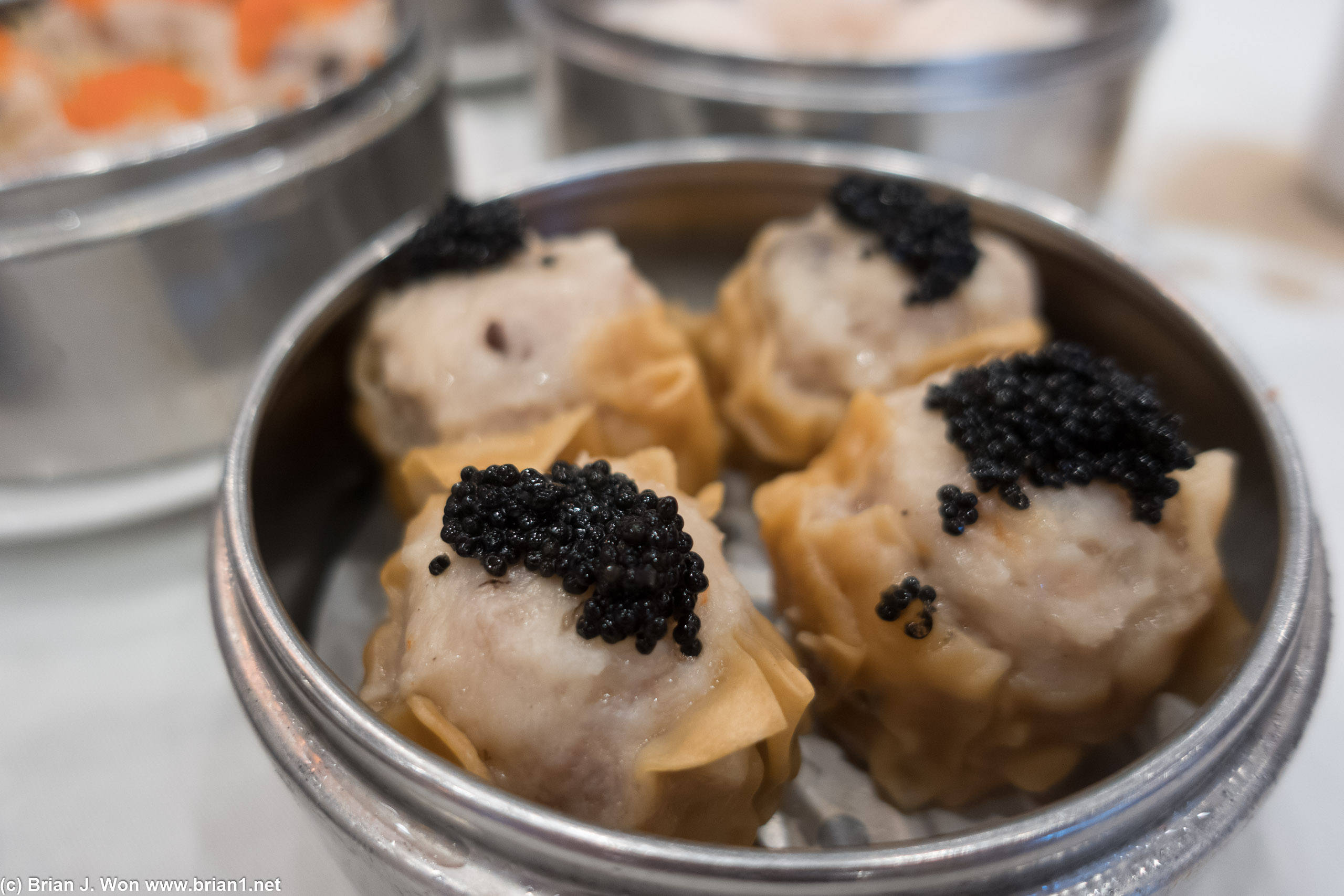 Shu mai topped with caviar.