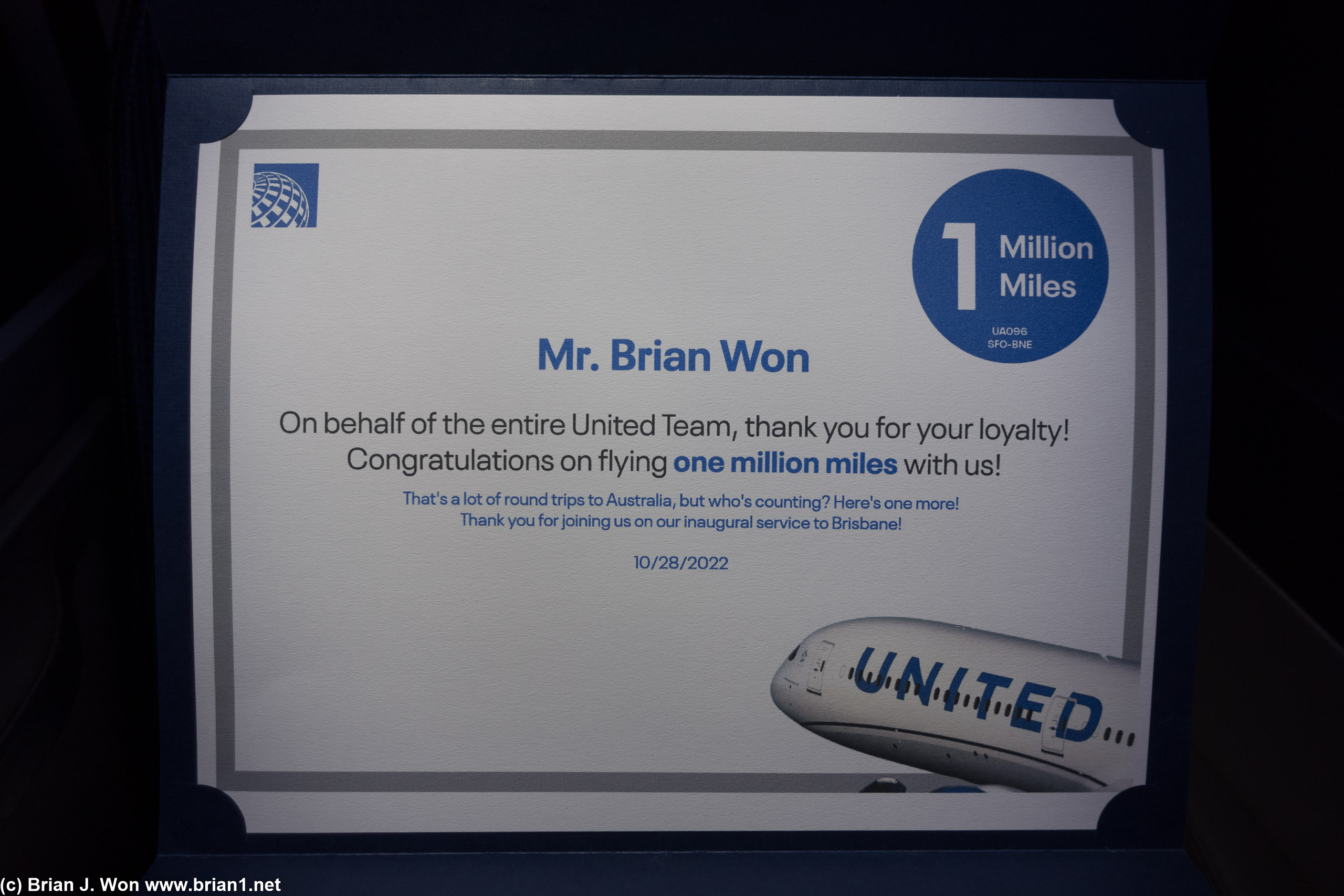 Certificate for my 1,000,000th mile on United.