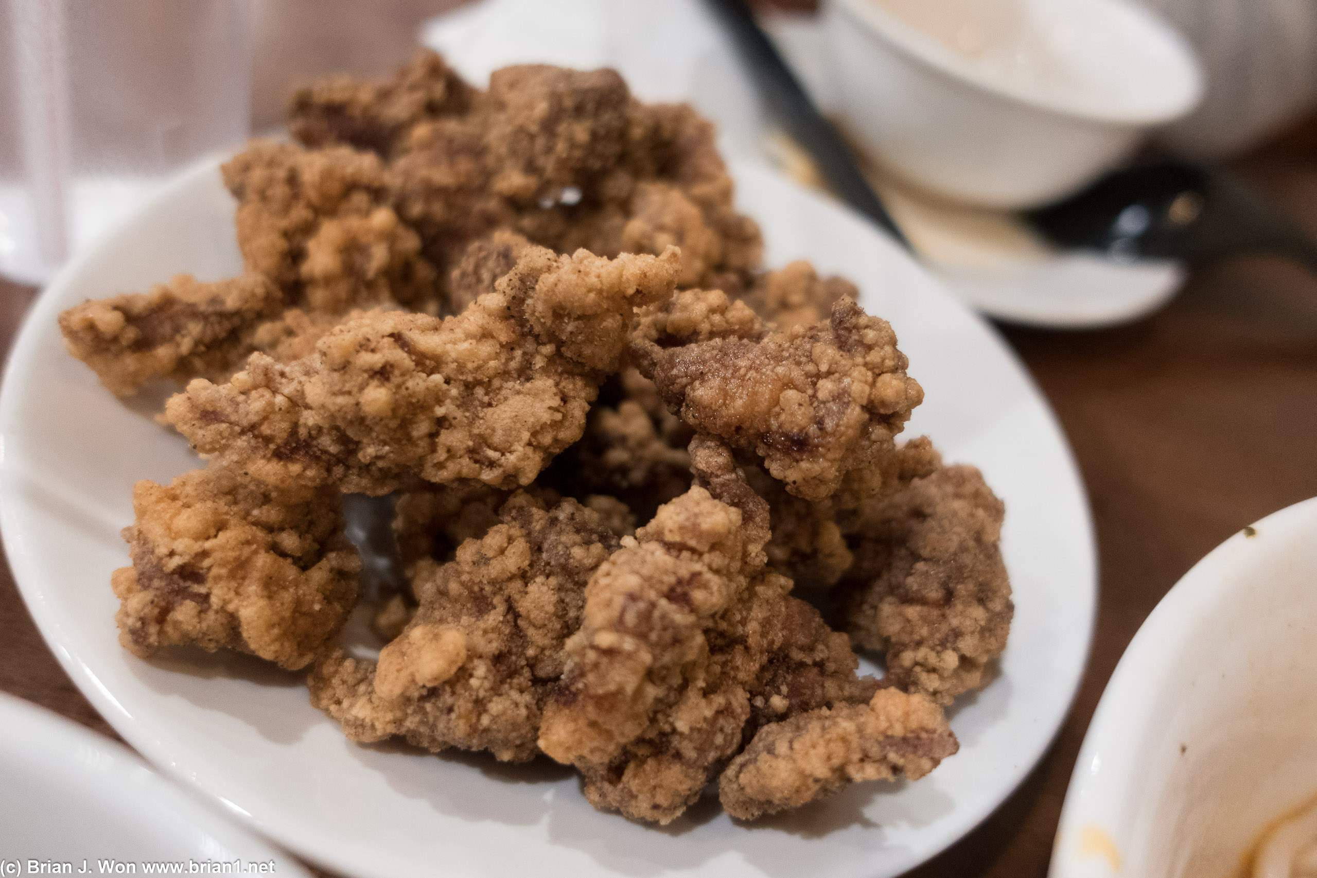 Fried chicken was deep fried too long. And zero spice.