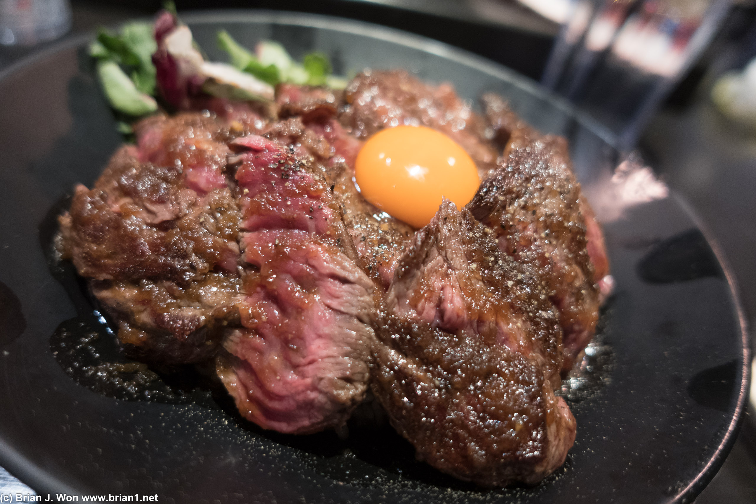 Large steak-don, medium rare, with egg added.