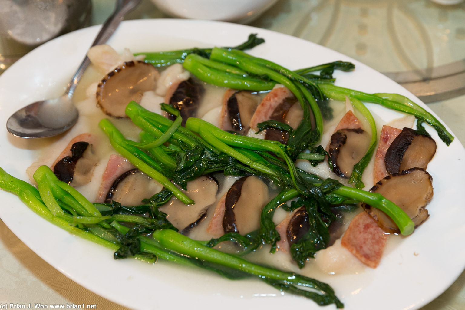 Fish, spam (?), mushroom, and gai lan. mmmm!!