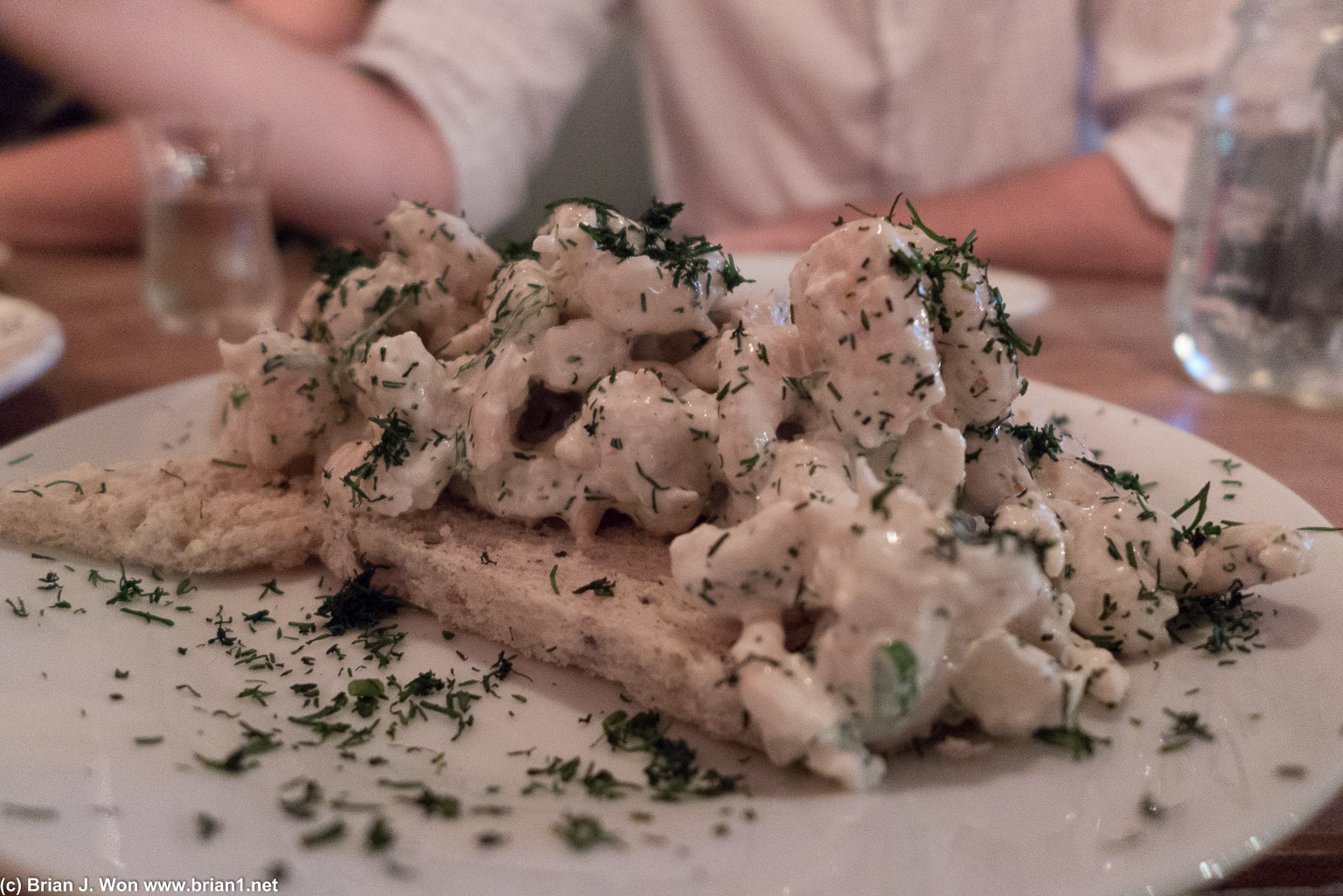 Swedish shrimp on toast - aka toast skagen. Very interesting texture compared to fish, quite good. A little creamy due to the sauce.