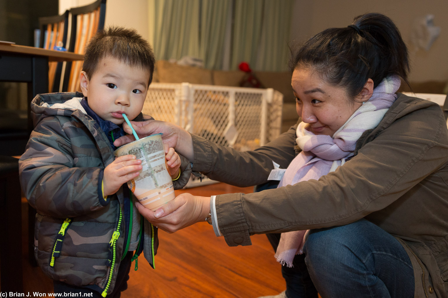 He loves papaya milk tea, too. Pearl looks so proud of him.