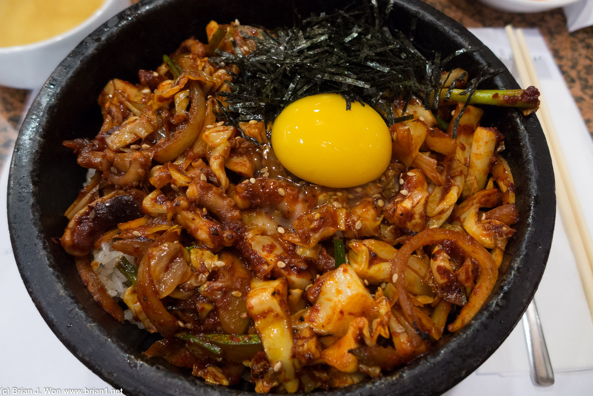 Nakji dolset bibimbap. Octopus a smidgen too chewy but otherwise very good.
