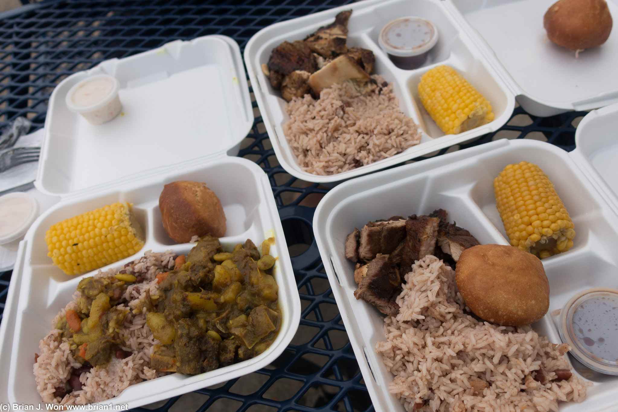 Jerk pork and jerk chicken weren't bad. Bread was good in the jerk sauce.