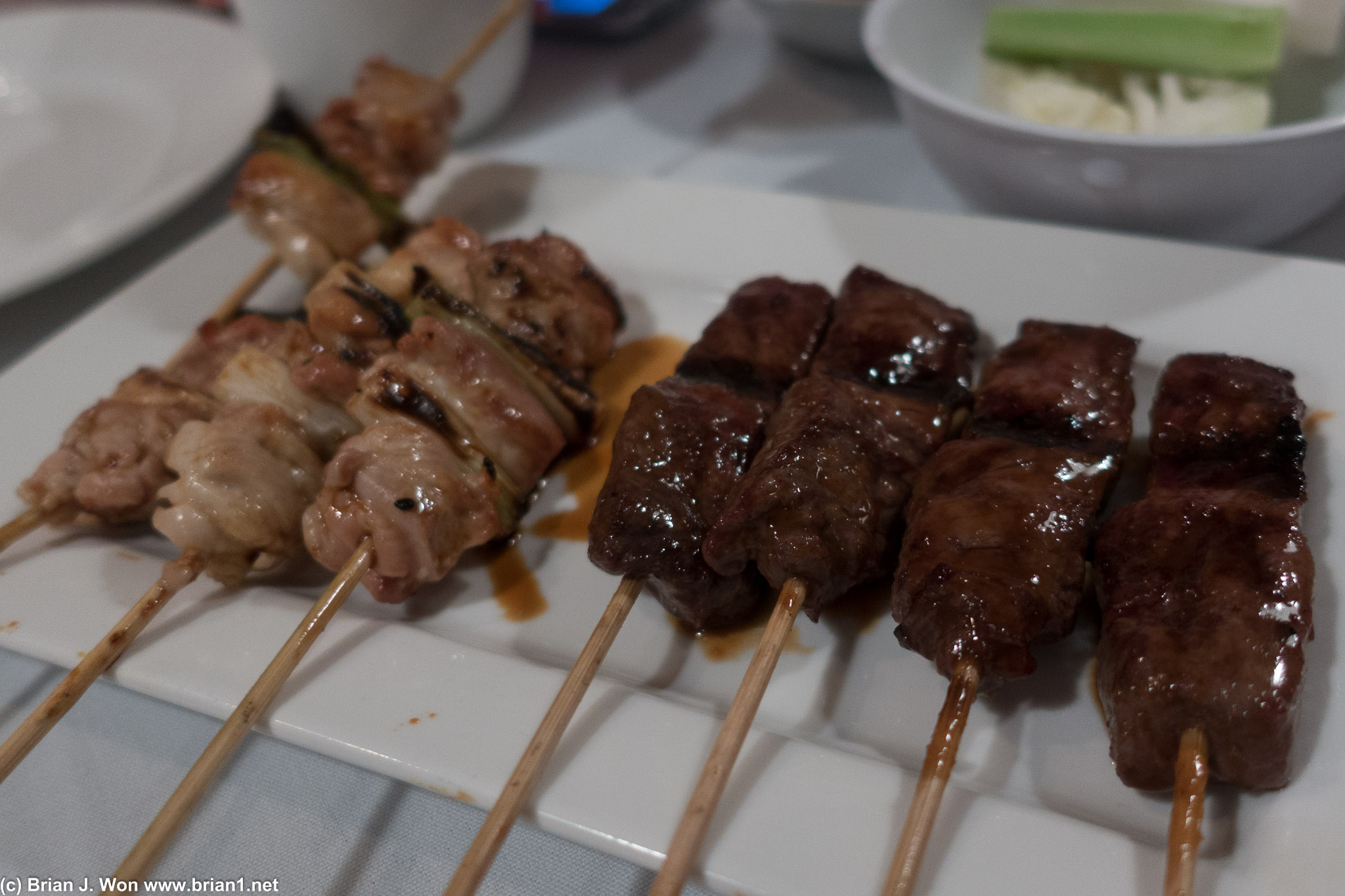 Chicken thighs and green onion, and beef... sirloin was it? Good but a bit too thick-cut.