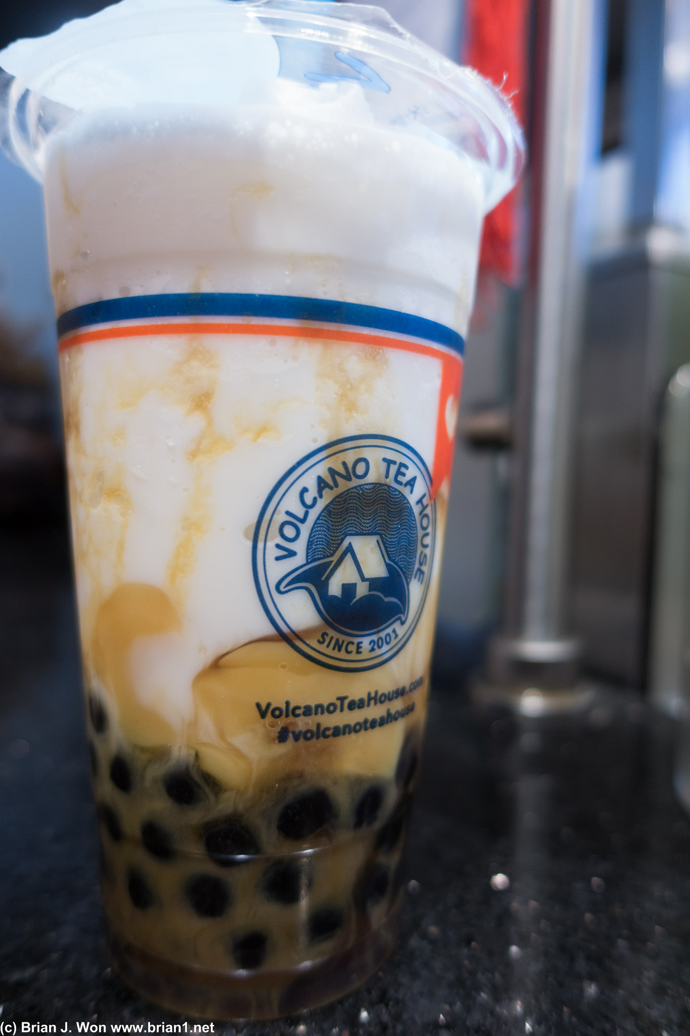 "Panda Sunrise." Boba, caramel brown sugar, egg pudding, milk tea.
