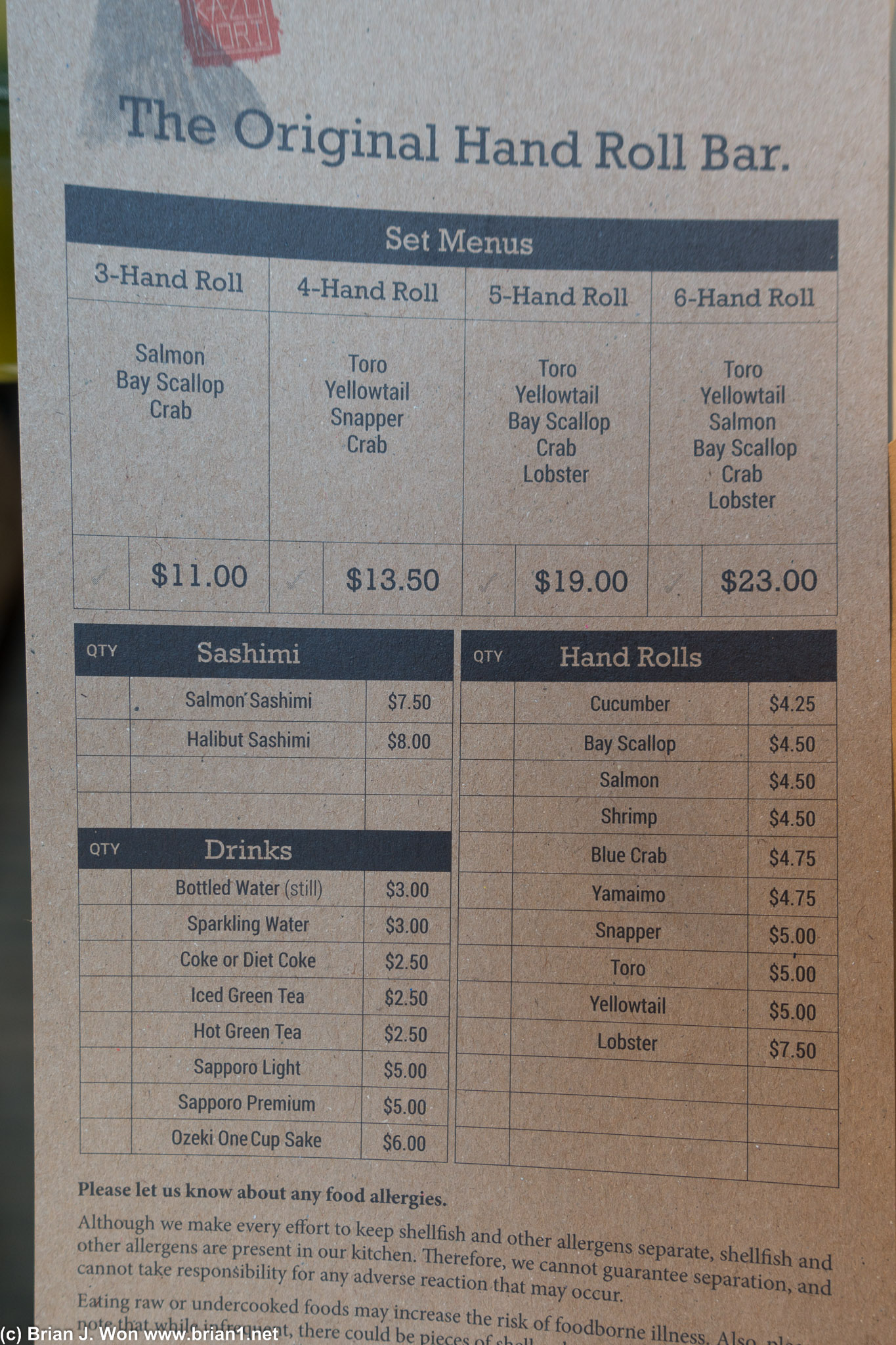 The menu at KazuNori.