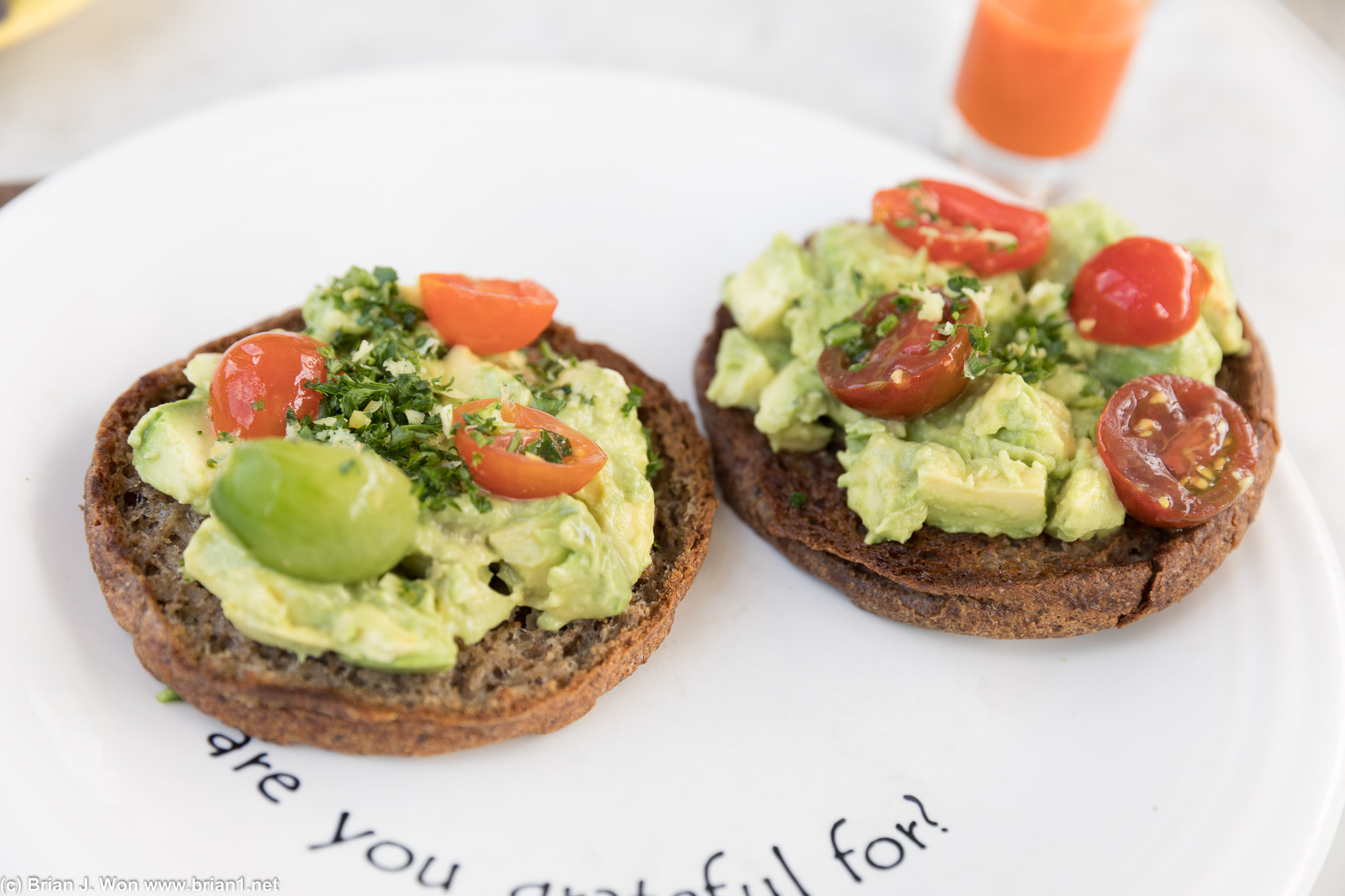 "Peaceful" - avocado and tomato atop toast. Meh. Toast in particular was not very good.