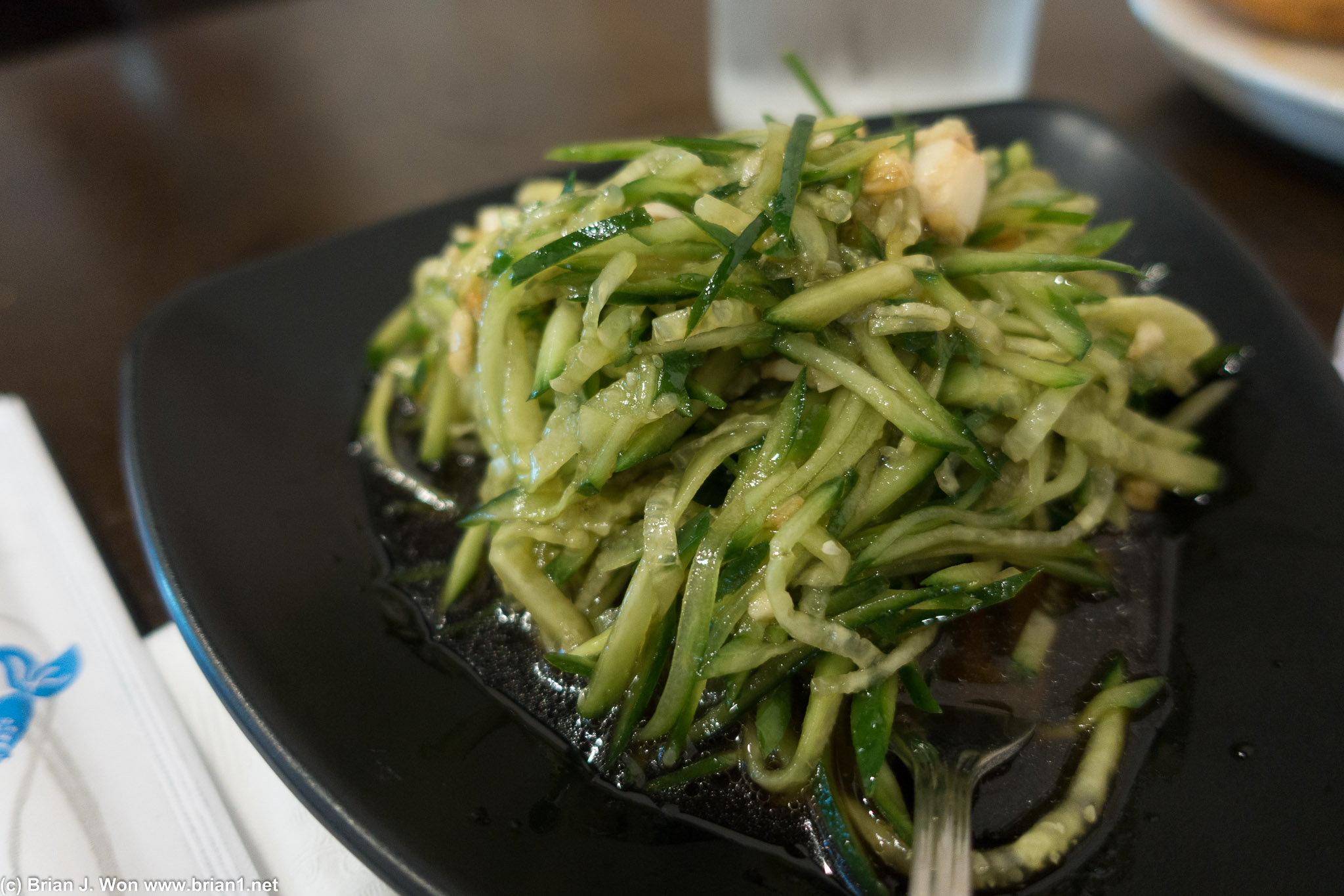 Cucumber salad was a little salty and garlic. Not bad if you ate it quickly, before it soaked and became overly salty.