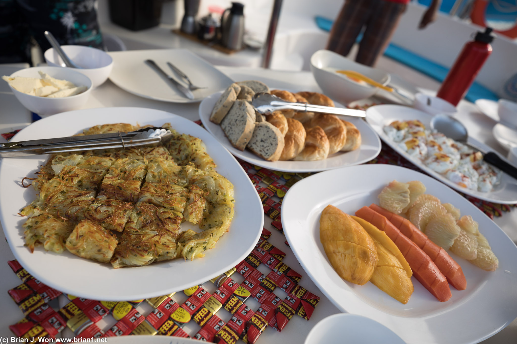 Potatoes, fresh bread, mango, papaya, pomelo, eggs...