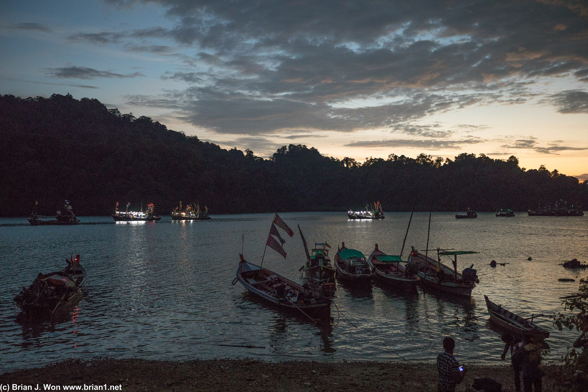 Sunlight fading over the squid boats.