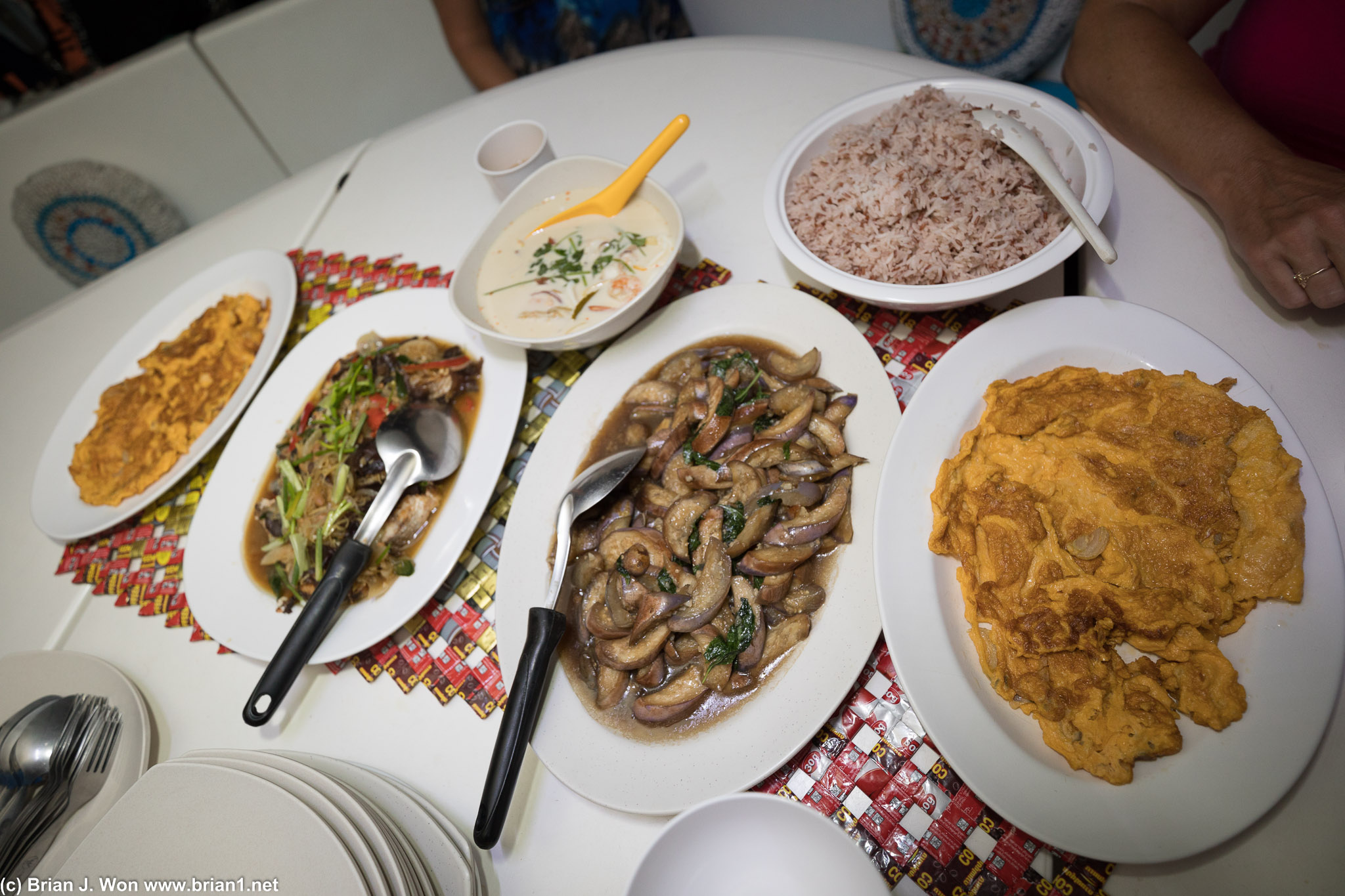 Late dinner aboard Zoe III due to the celebration. Yes, that's soup, omelet, fish, and eggplant.
