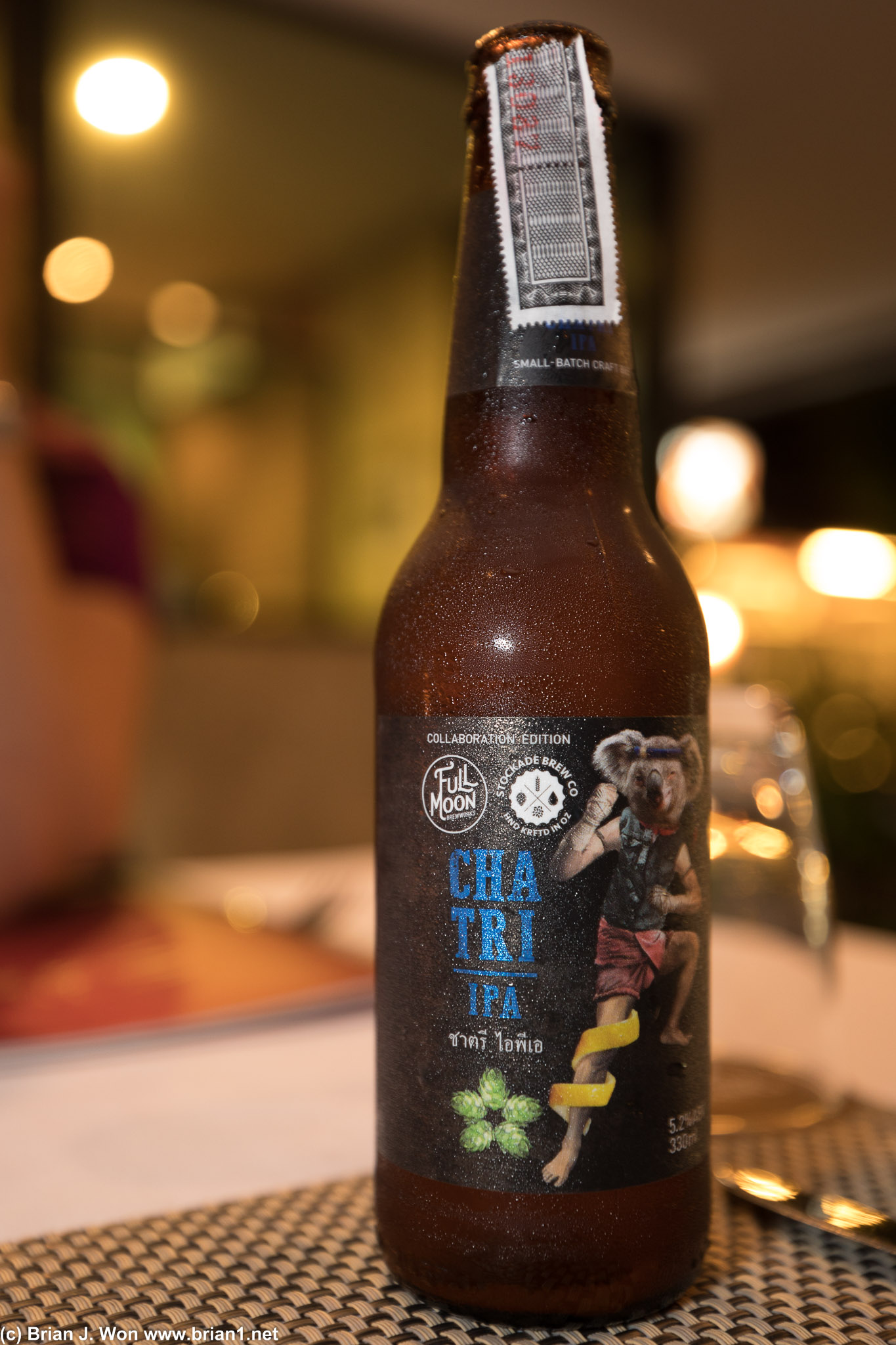 Cha Tri IPA, Full Moon Brewery in Phuket with Australian brewery Stockade Brew Co. Not bad, but light for sure.