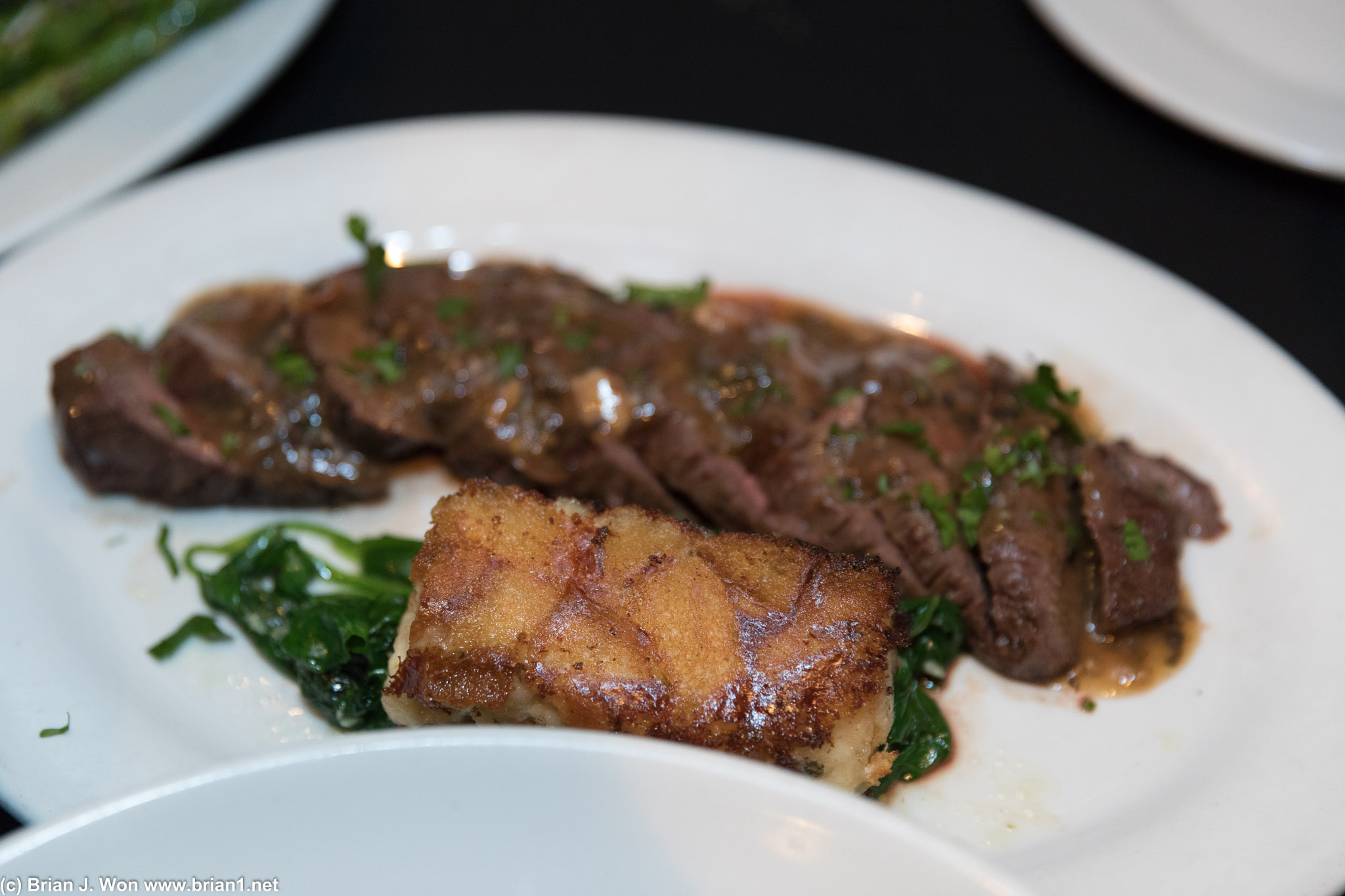 Hanger steak with a bone marrow griddle cake. Waste of bone marrow.