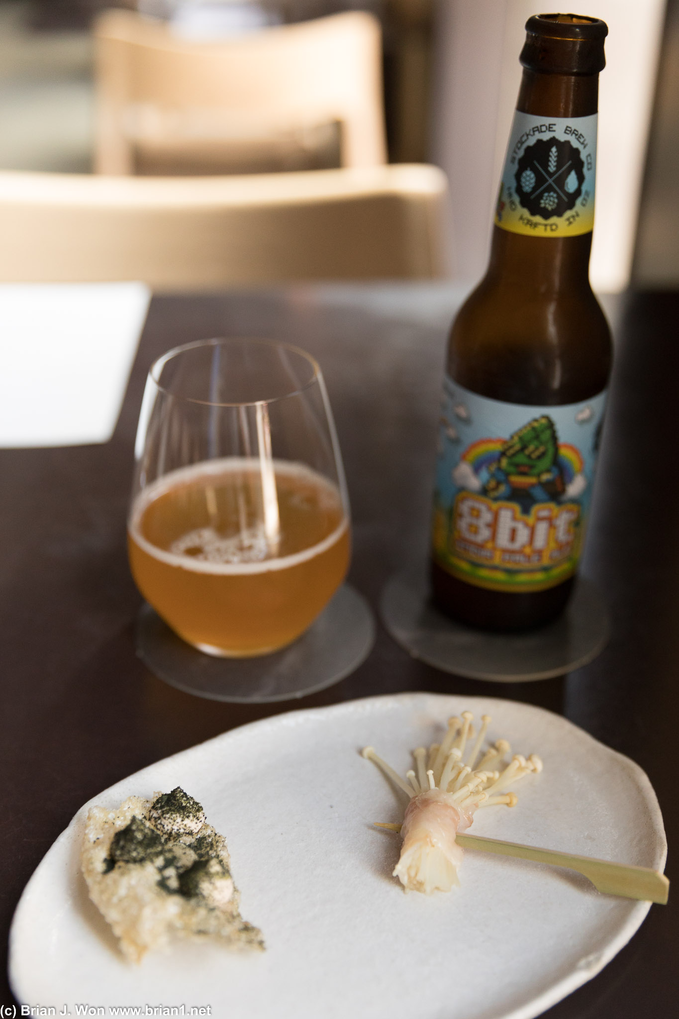 Appetizer is salmon skin and enoki mushroom.