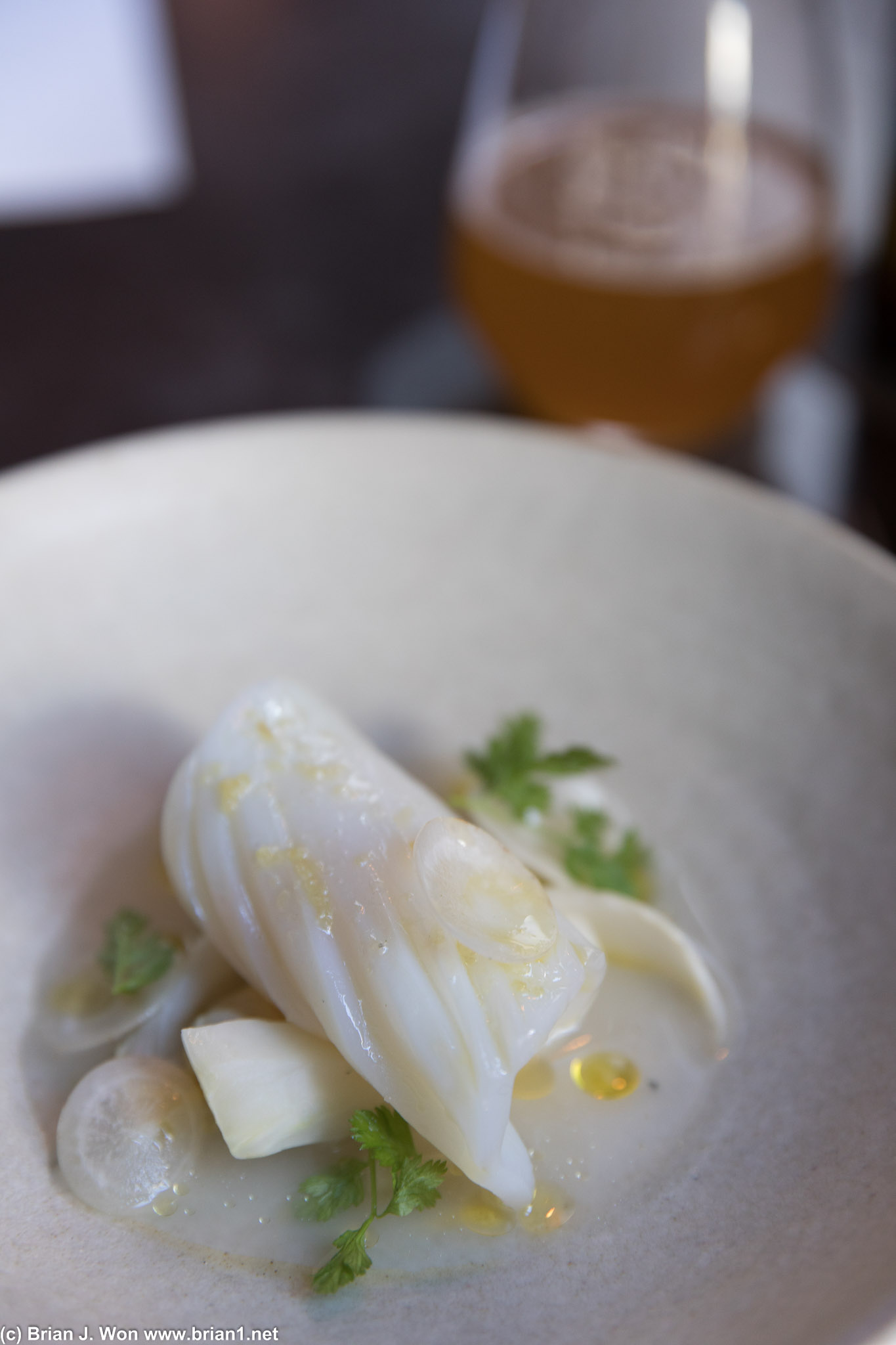 Cuttlefish atop water kimchi. Yum.