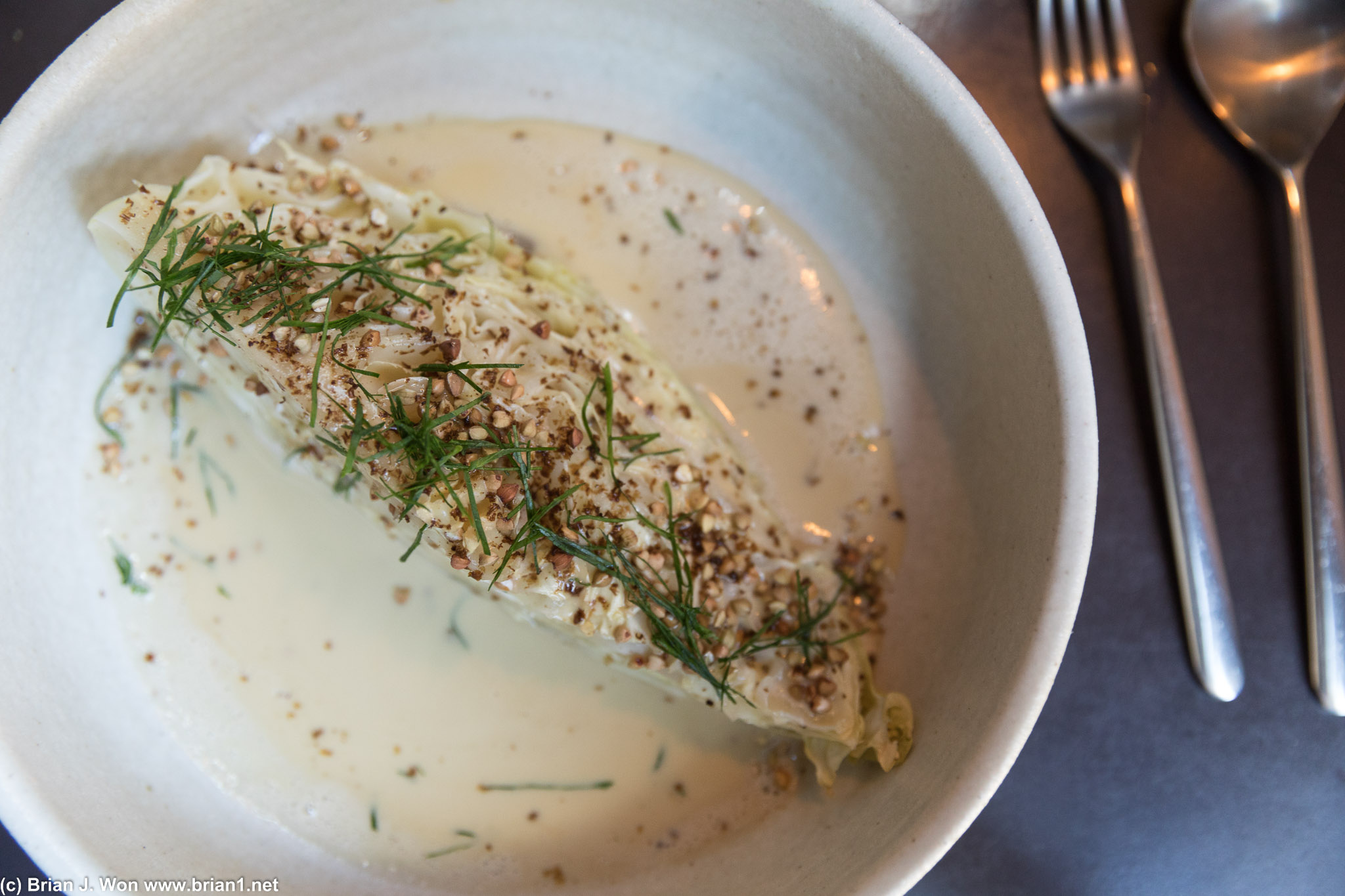 Sugarload cabbage with mushroom butter and dried venison. The most talked about dish, and definitely the most unique.