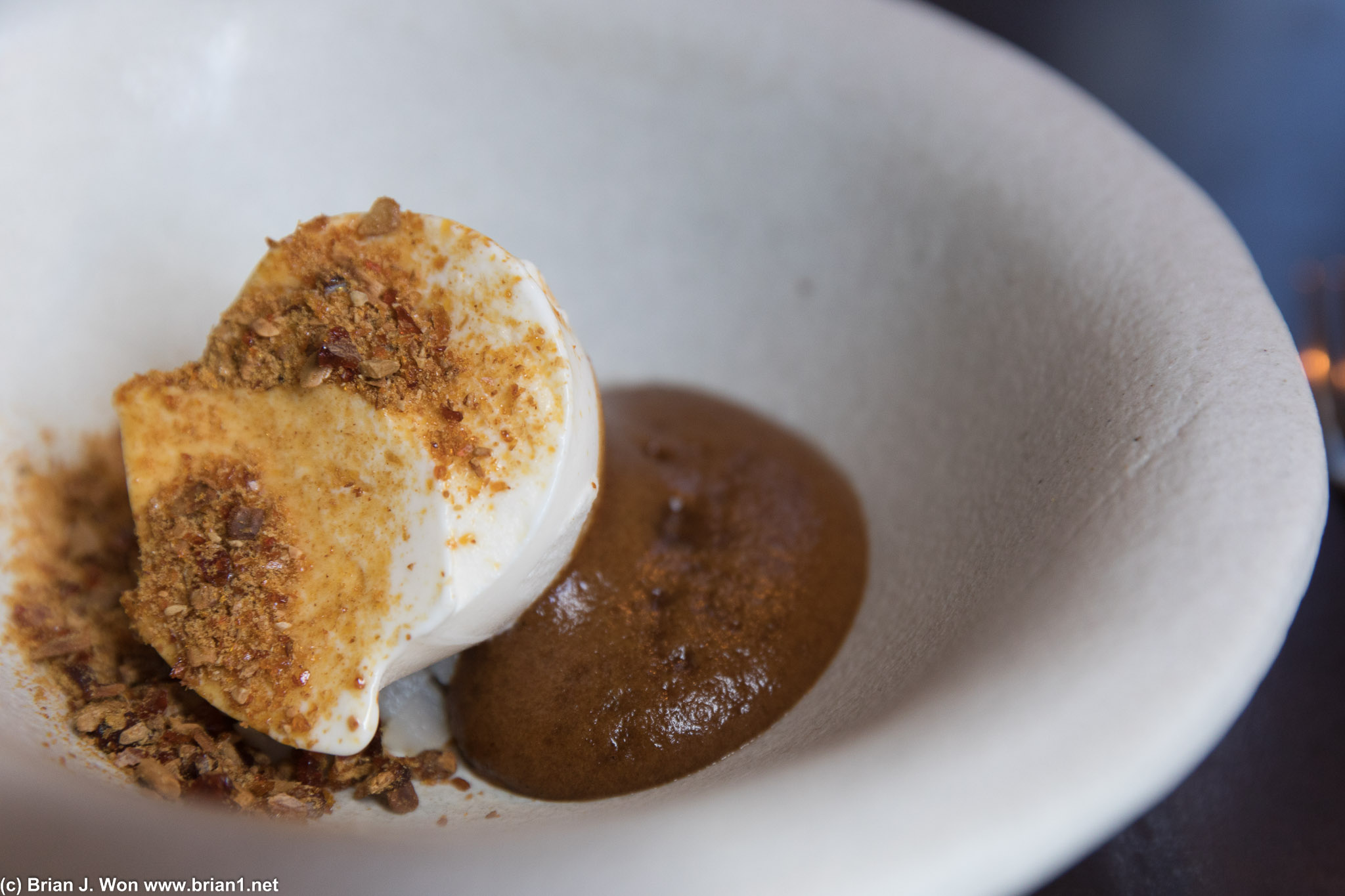 For the smoked milk sorbet and dark beer dessert. Yum.