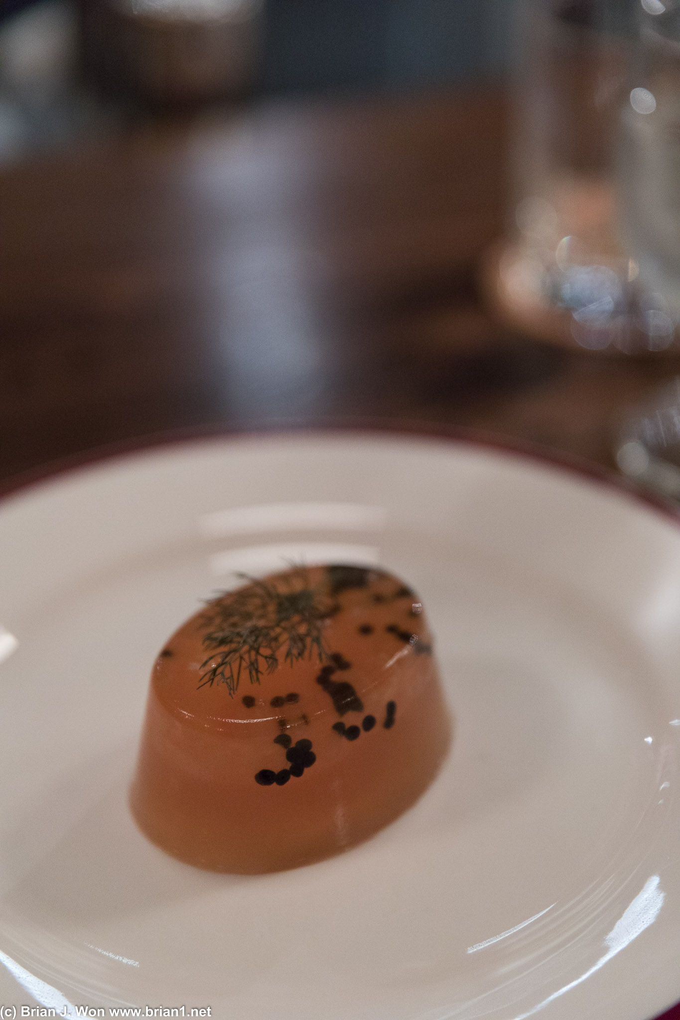 Ouefs en Gelee - soft egg yolk, bonito jelly, trout roe, avruga.