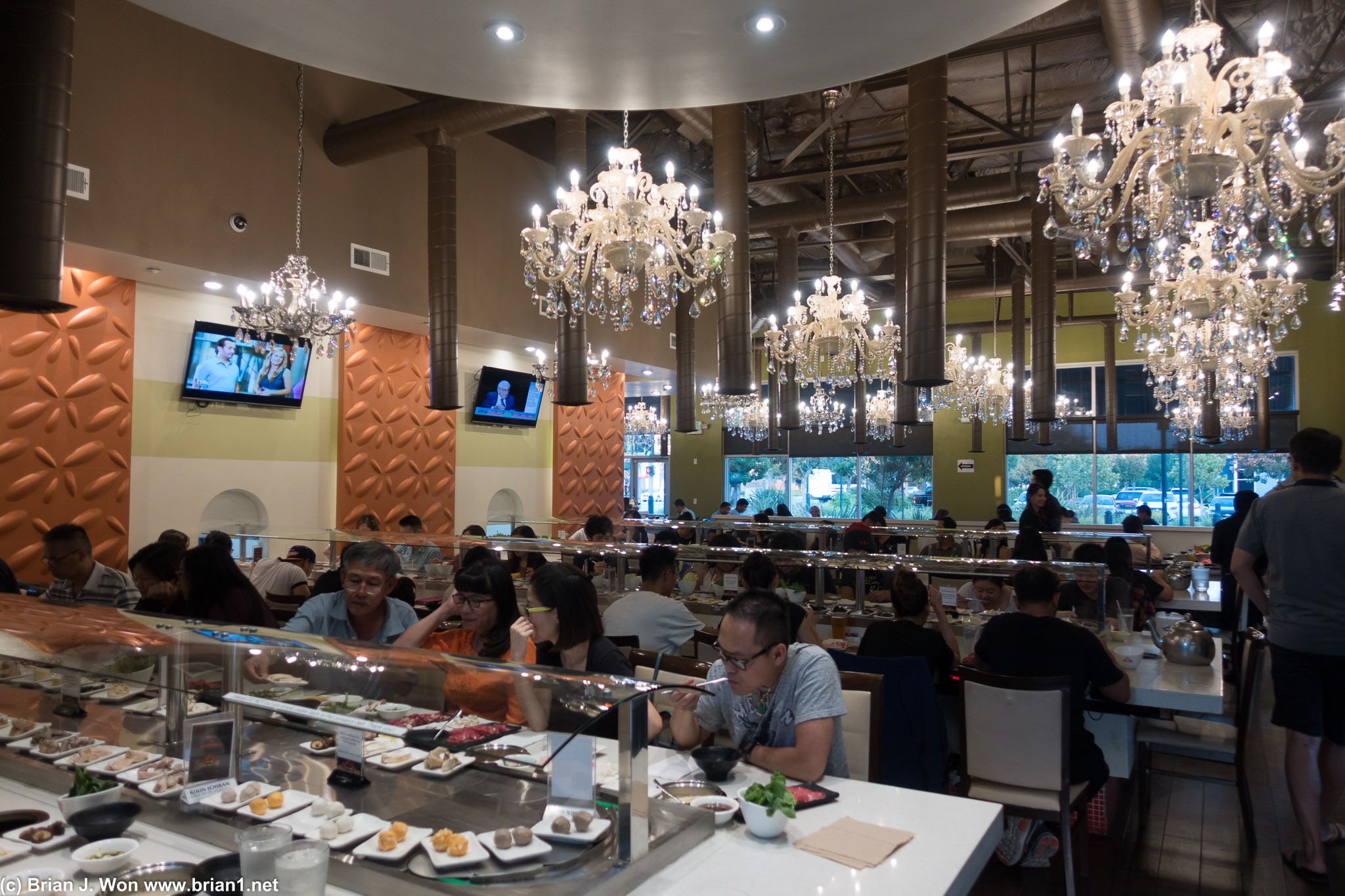 Crazy chandliers, not what you'd expect in an all you can eat place.